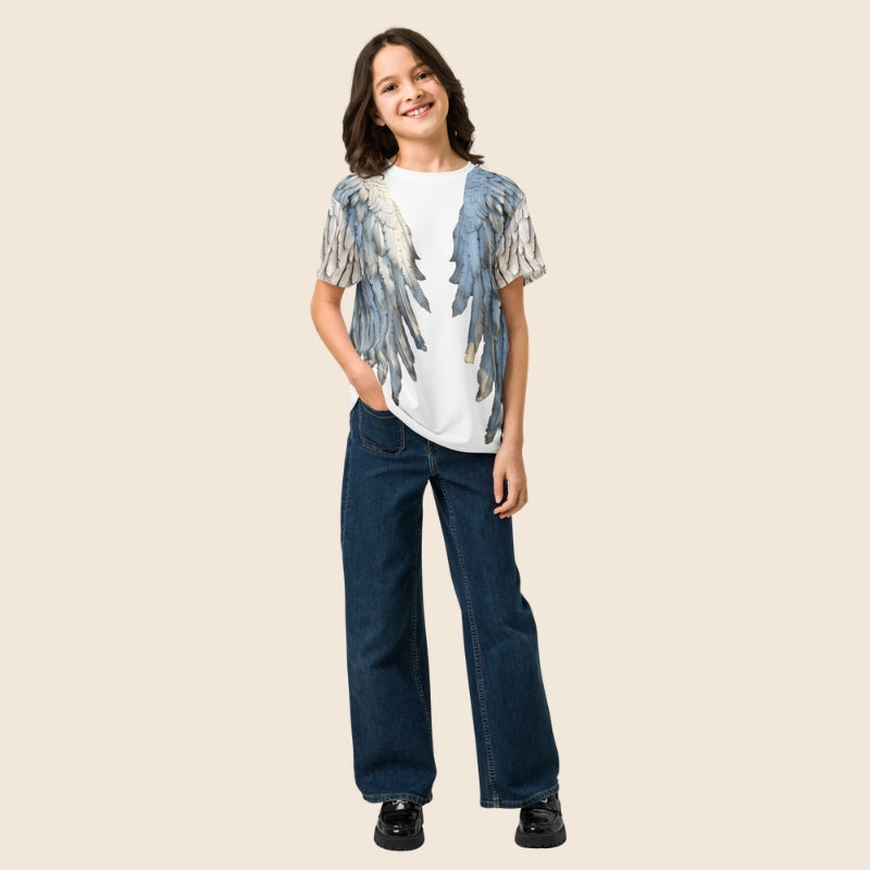 White Angel Wings Youth T-Shirt — Kids Cotton Crew Neck Tee