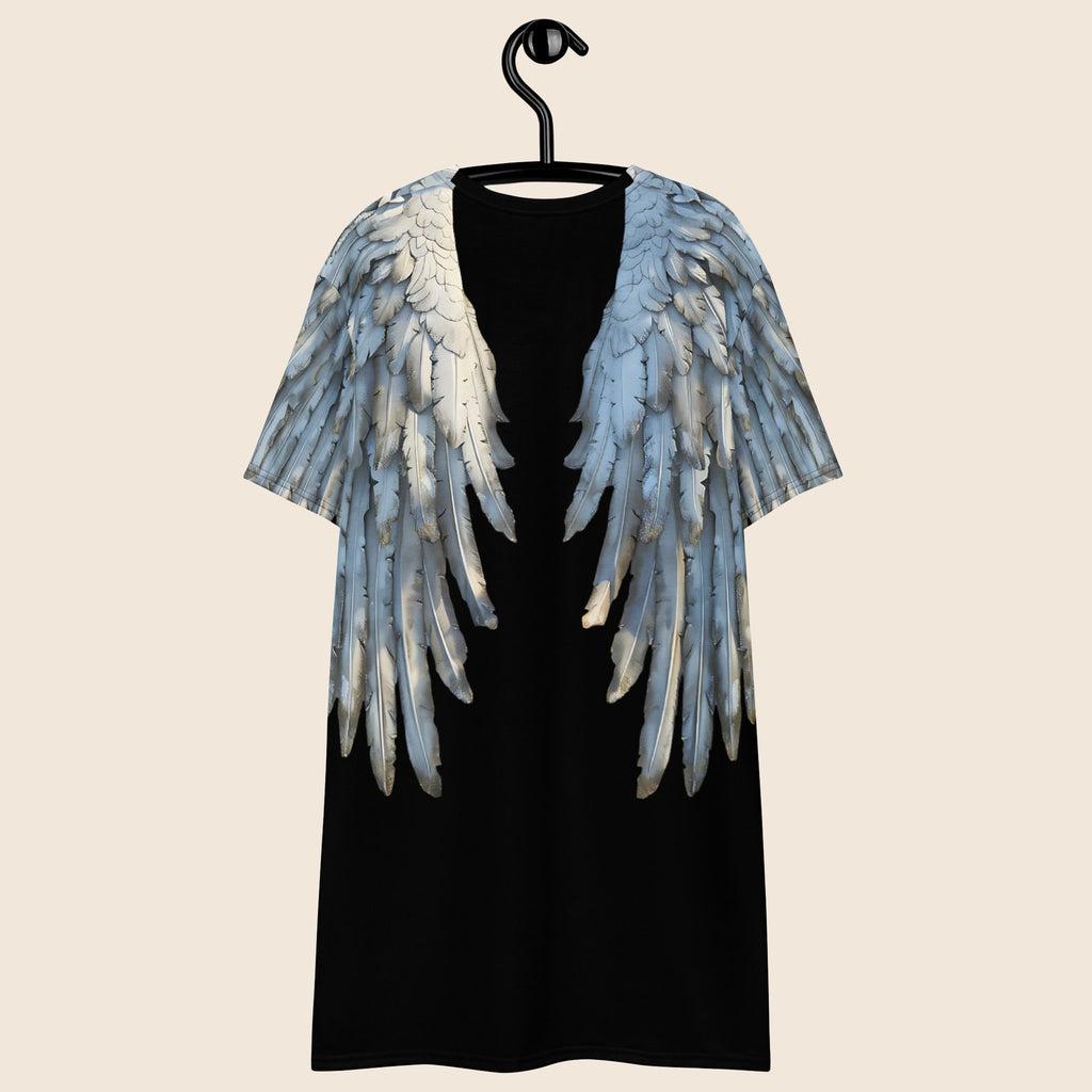 Black Angel Wings Oversized T-Shirt Dress — All-Over Print Festival Dress