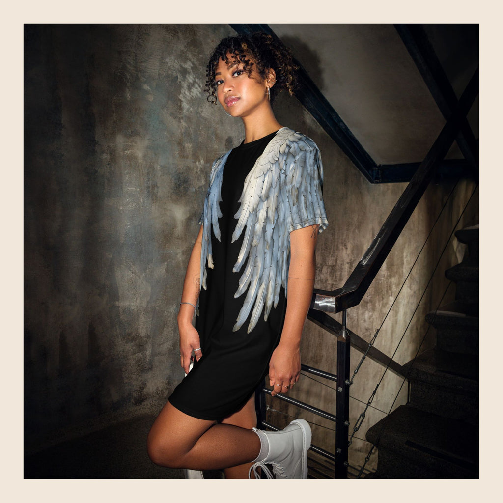 Black Angel Wings Oversized T-Shirt Dress — All-Over Print Festival Dress