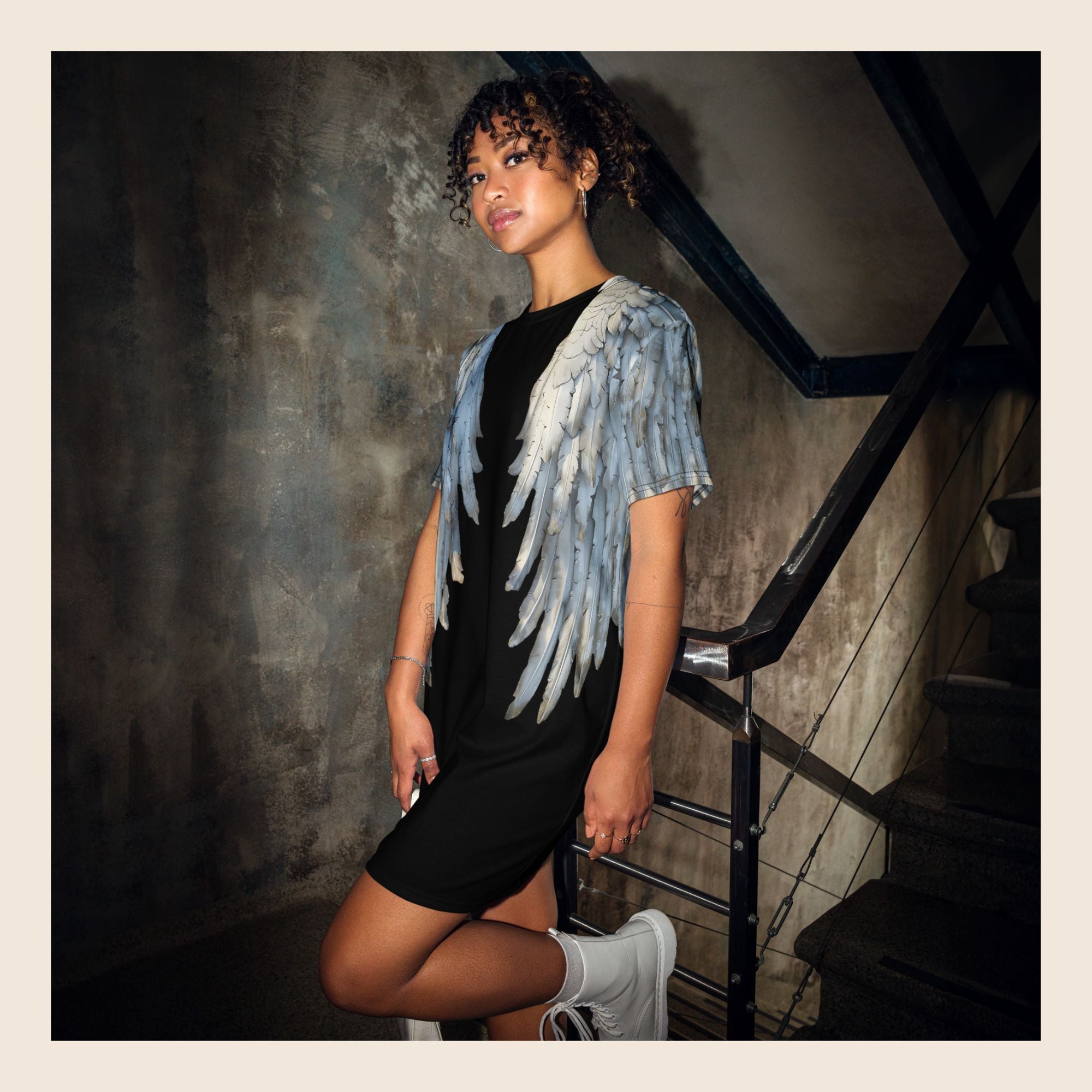 Black Angel Wings Oversized T-Shirt Dress — All-Over Print Festival Dress