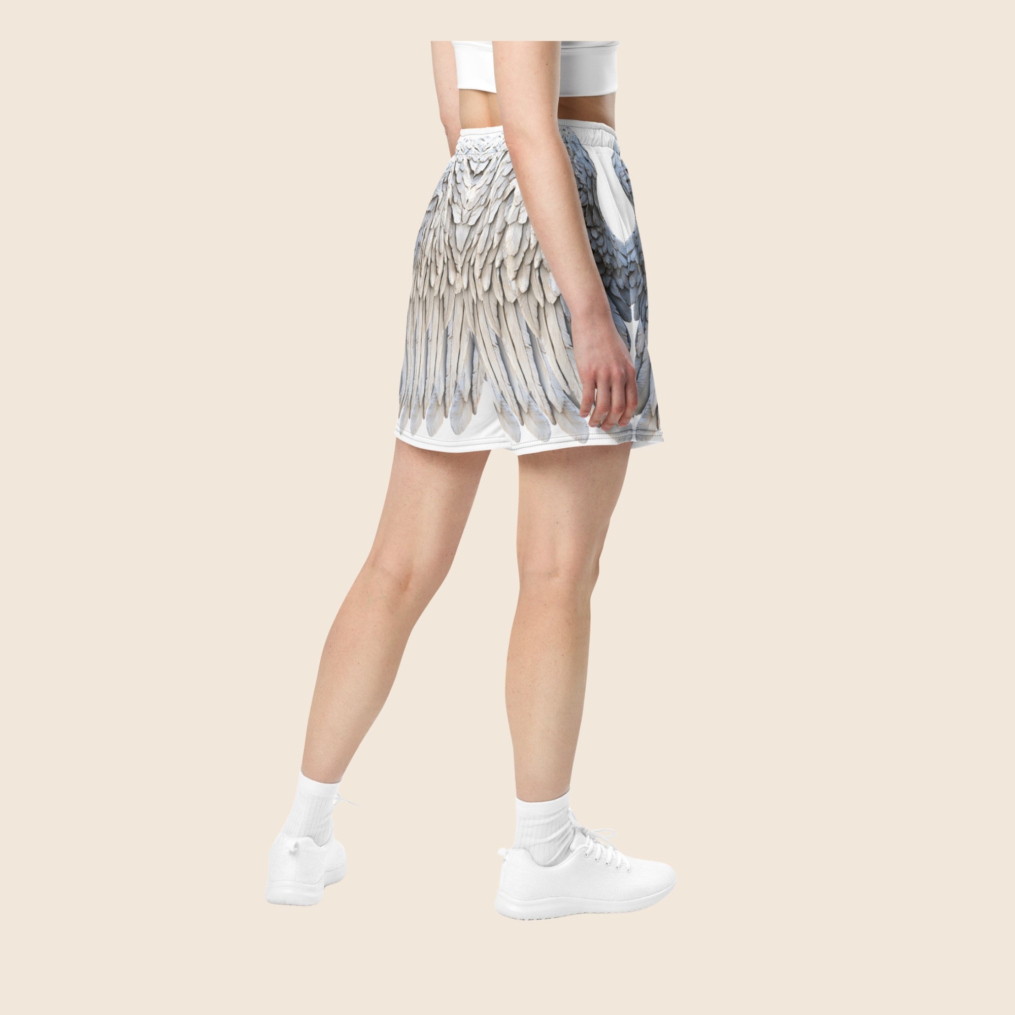 Grey Feather Print All-Over Print Unisex Mesh Shorts — Eco-Friendly Festival & Activewear