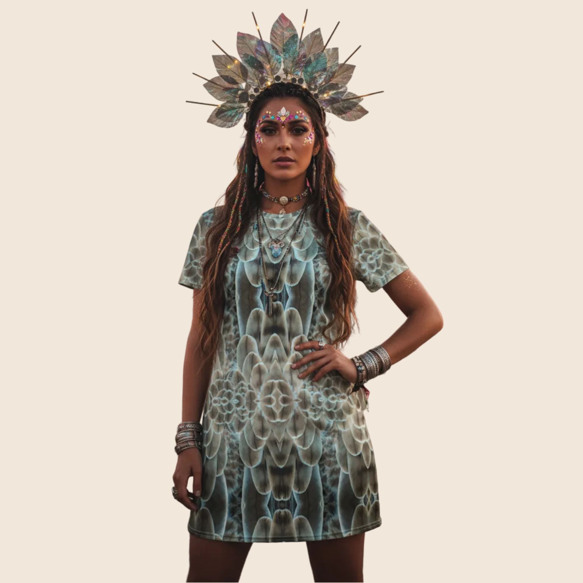 Feather Print Cotton T-Shirt Dress — All-Over Print Casual Festival Dress