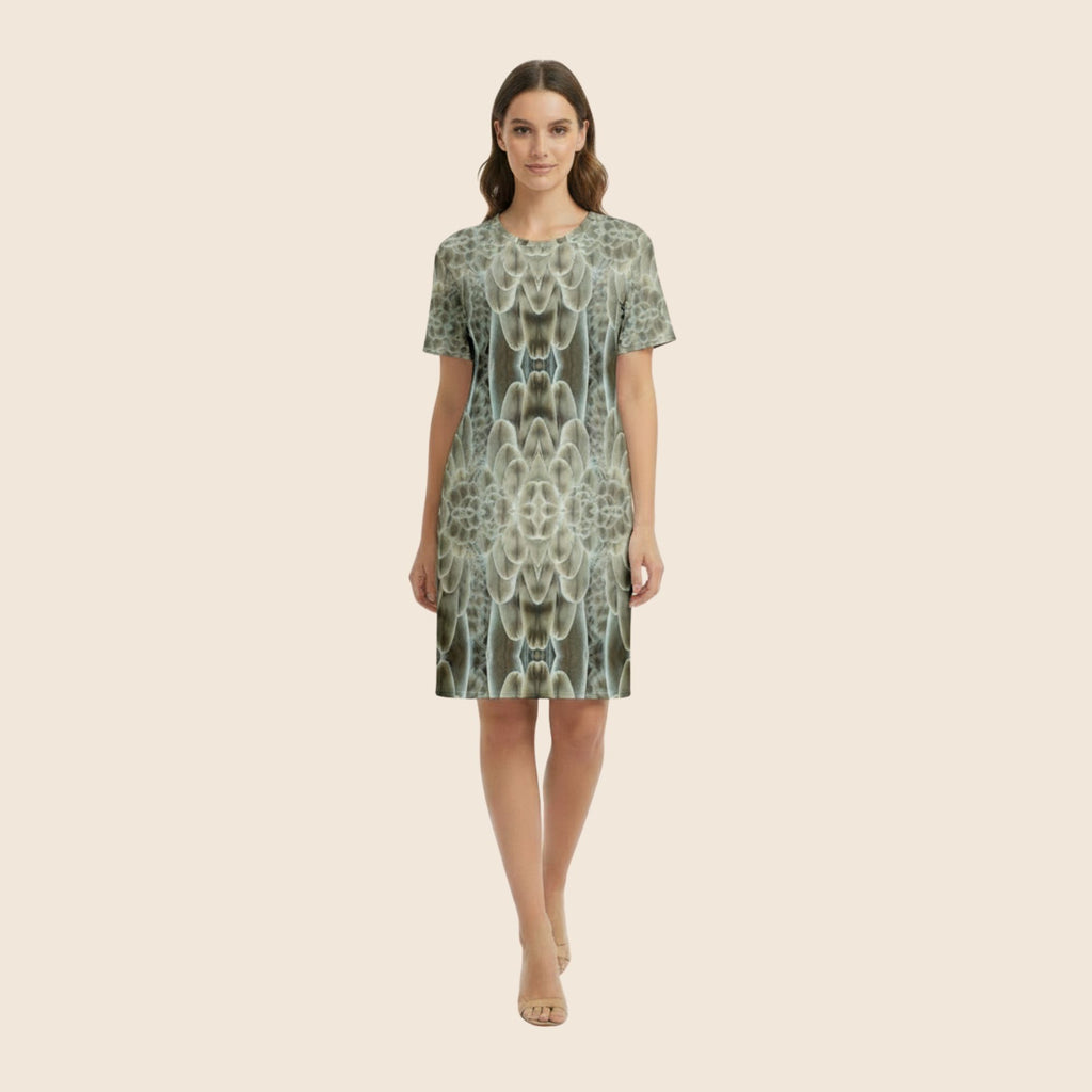 Feather Print Cotton T-Shirt Dress — All-Over Print Casual Festival Dress