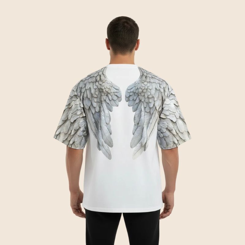 White Wings Print Oversized Cotton T-Shirt | Heavyweight Festival Tee