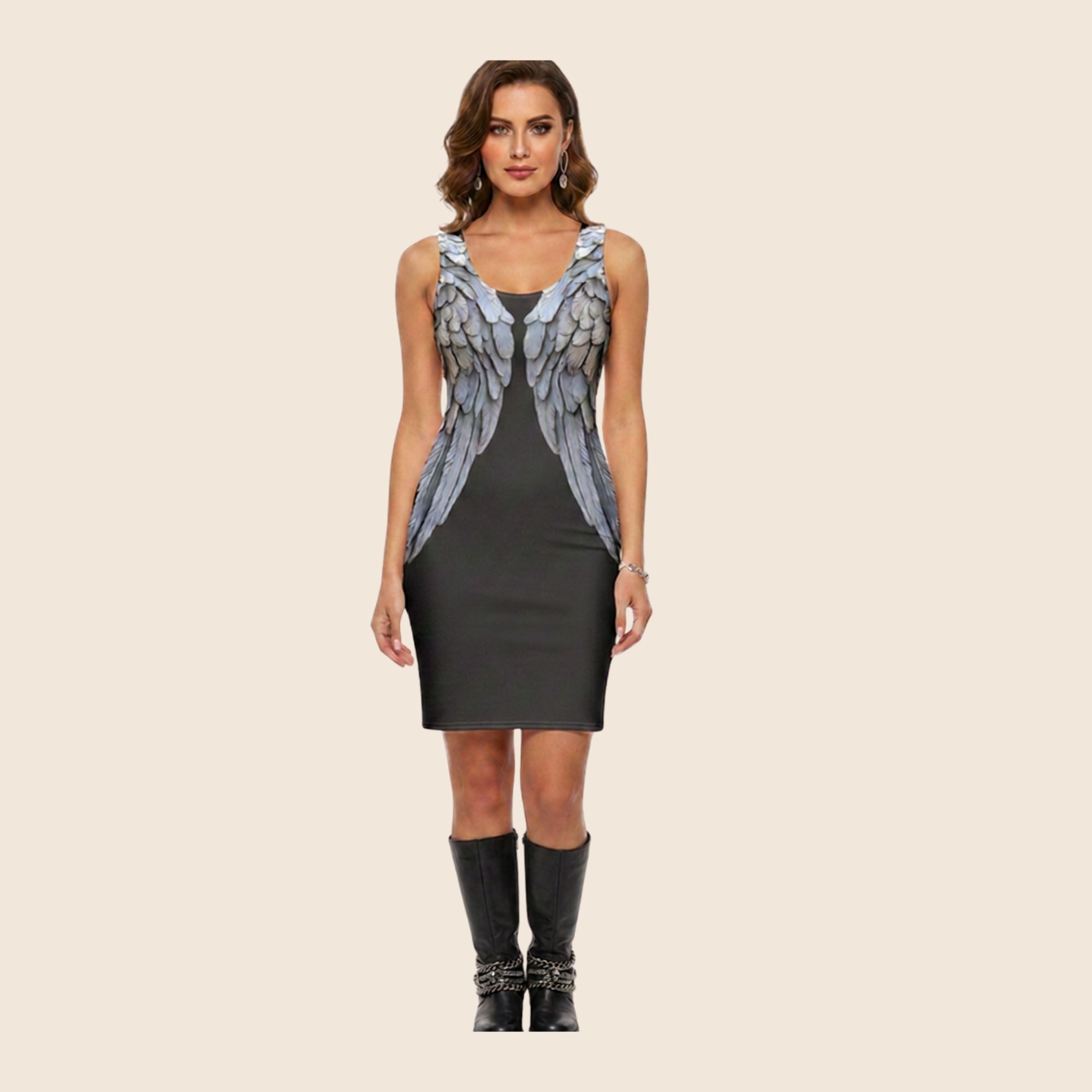 Dark Grey Silver Wings Bodycon Dress | All-Over Print Festival Dress