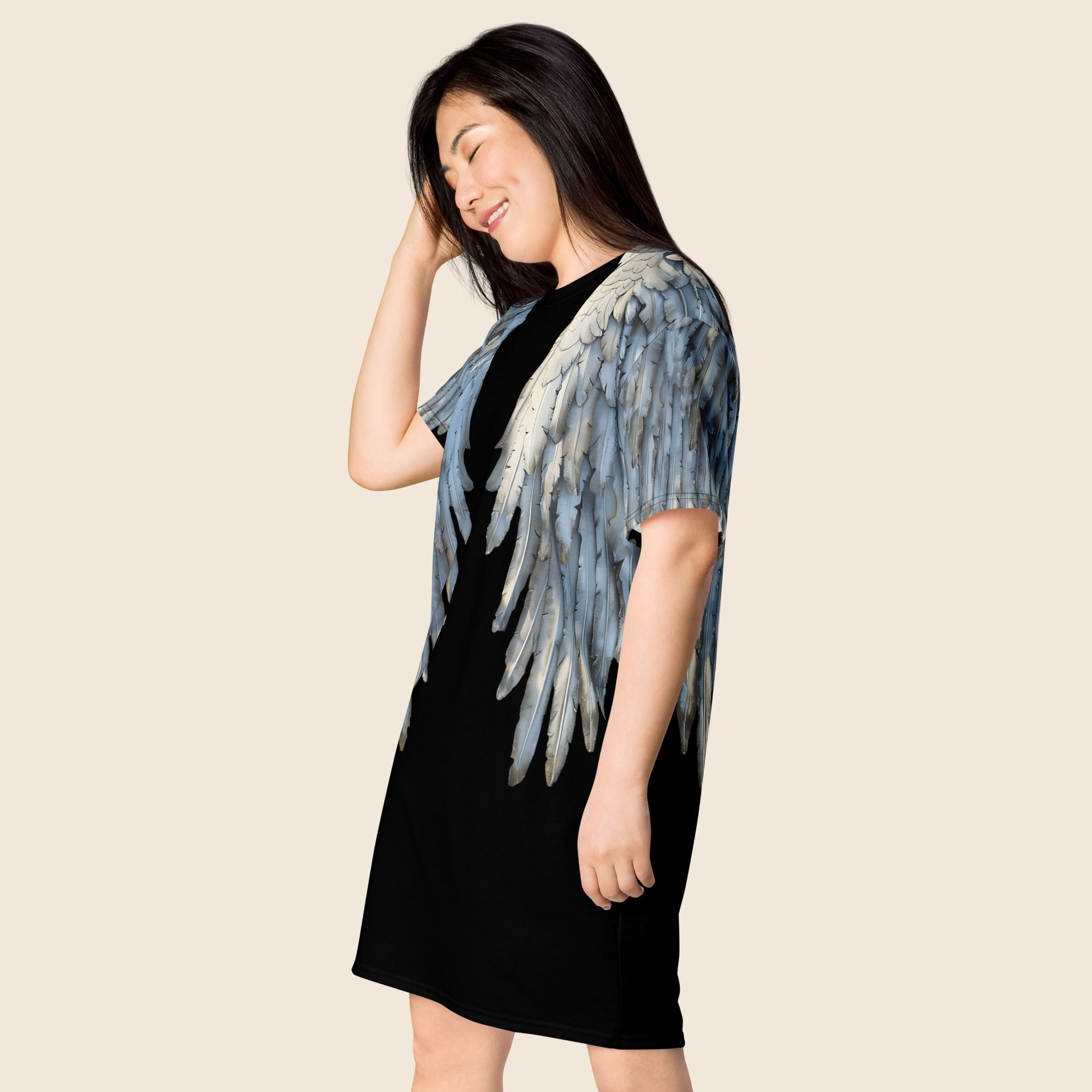 Black Angel Wings Oversized T-Shirt Dress — All-Over Print Festival Dress