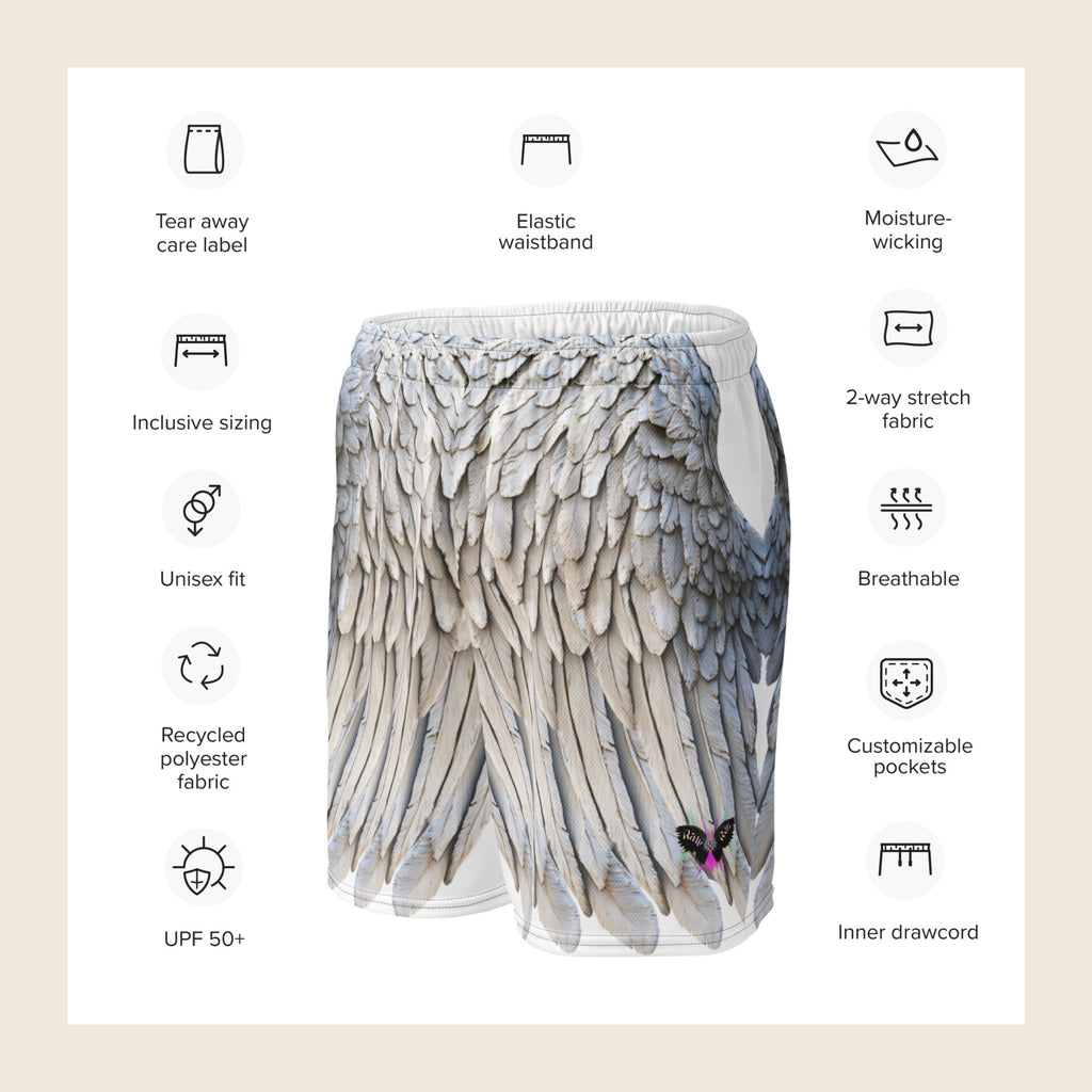Grey Feather Print All-Over Print Unisex Mesh Shorts — Eco-Friendly Festival & Activewear