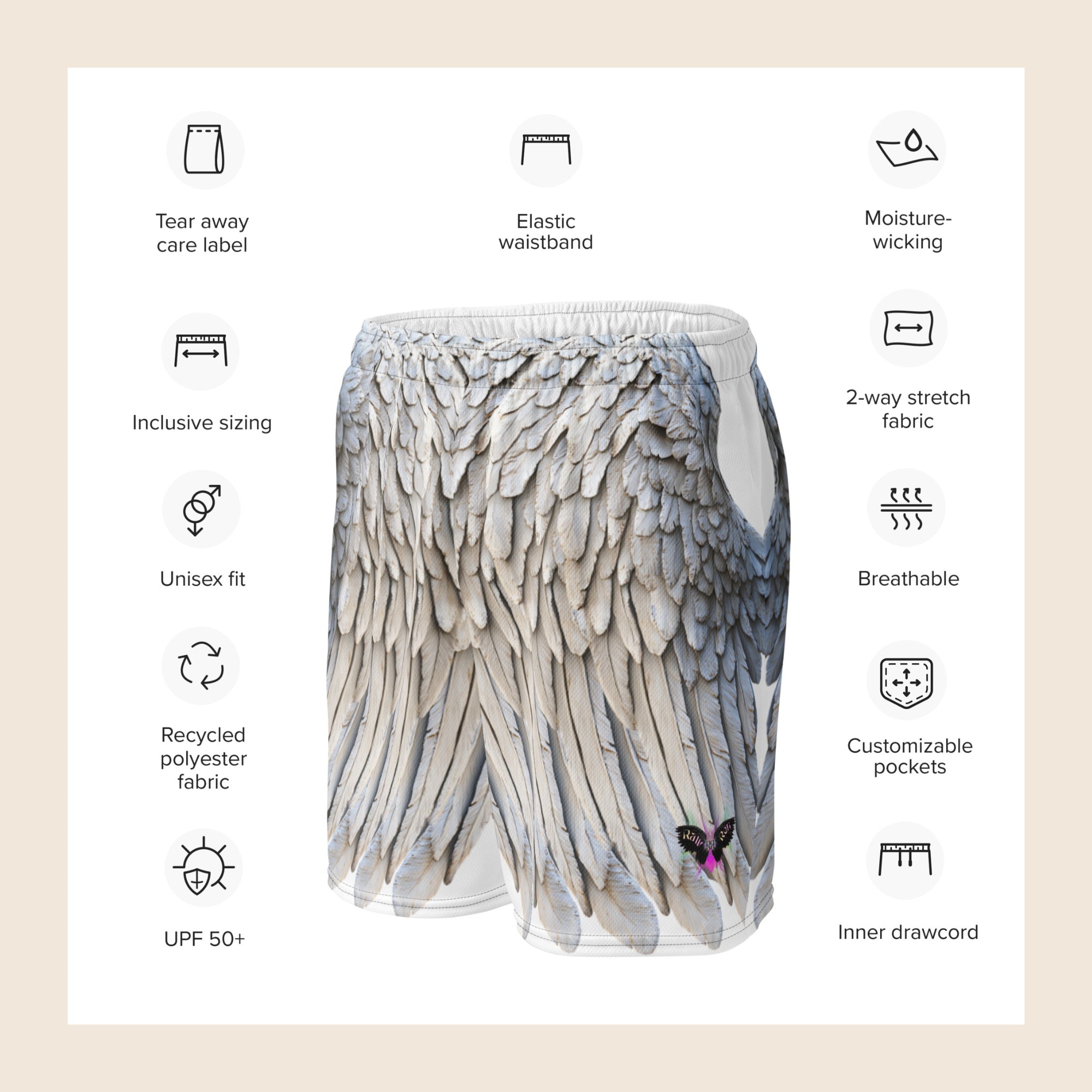 Grey Feather Print All-Over Print Unisex Mesh Shorts — Eco-Friendly Festival & Activewear