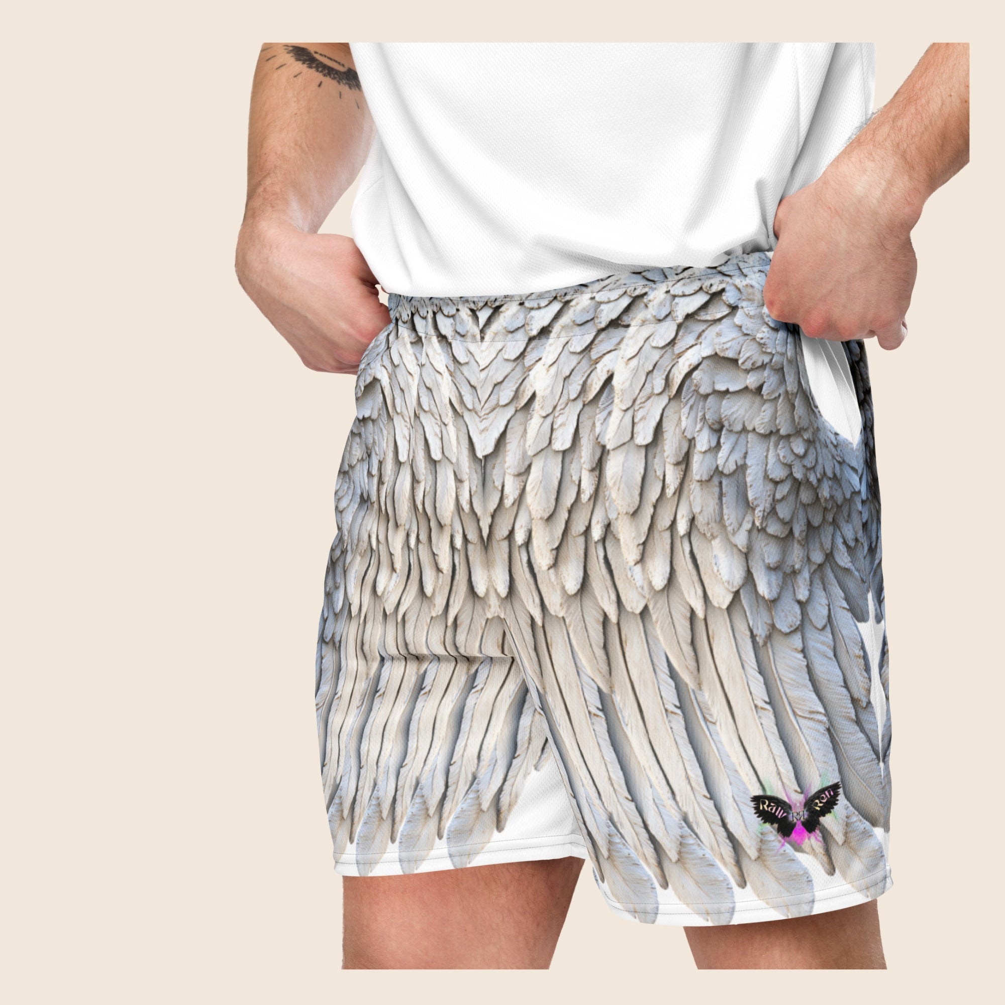 Grey Feather Print All-Over Print Unisex Mesh Shorts — Eco-Friendly Festival & Activewear