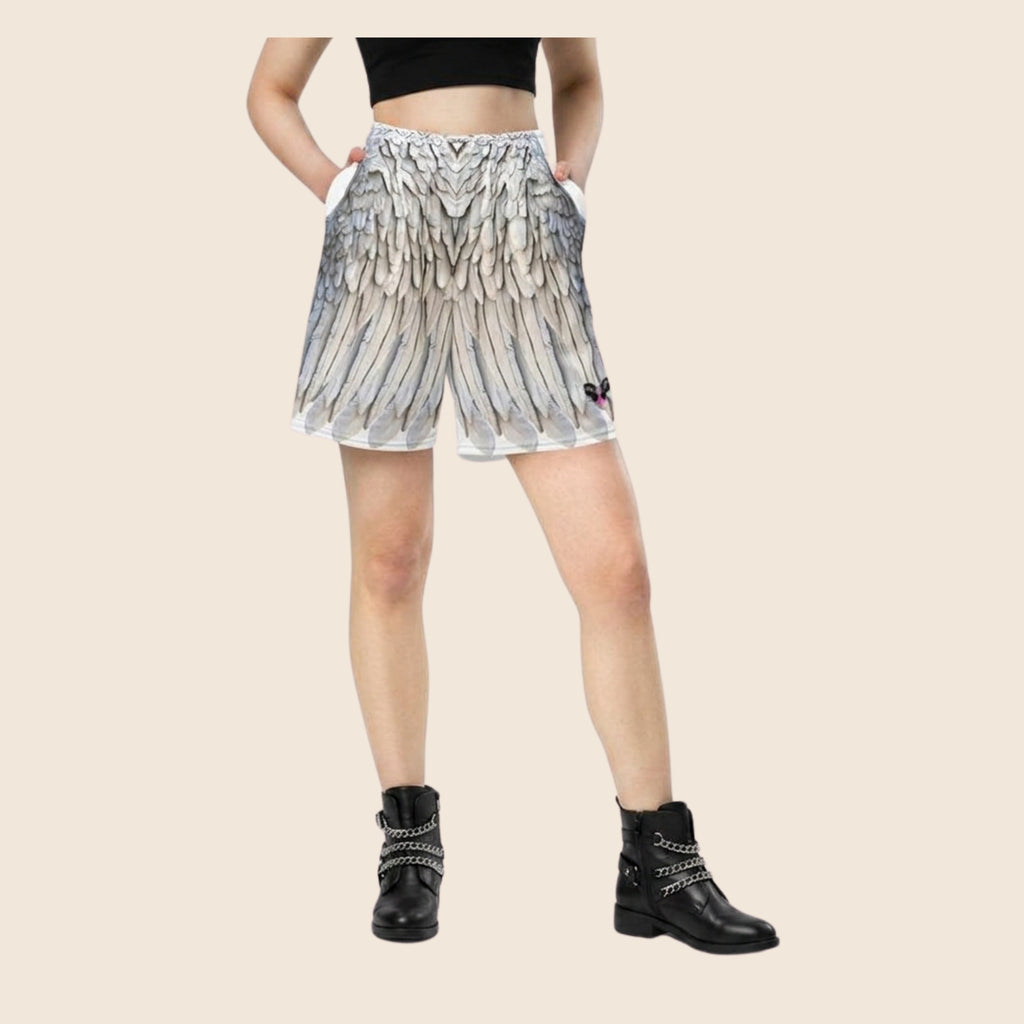 Grey Feather Print All-Over Print Unisex Mesh Shorts — Eco-Friendly Festival & Activewear