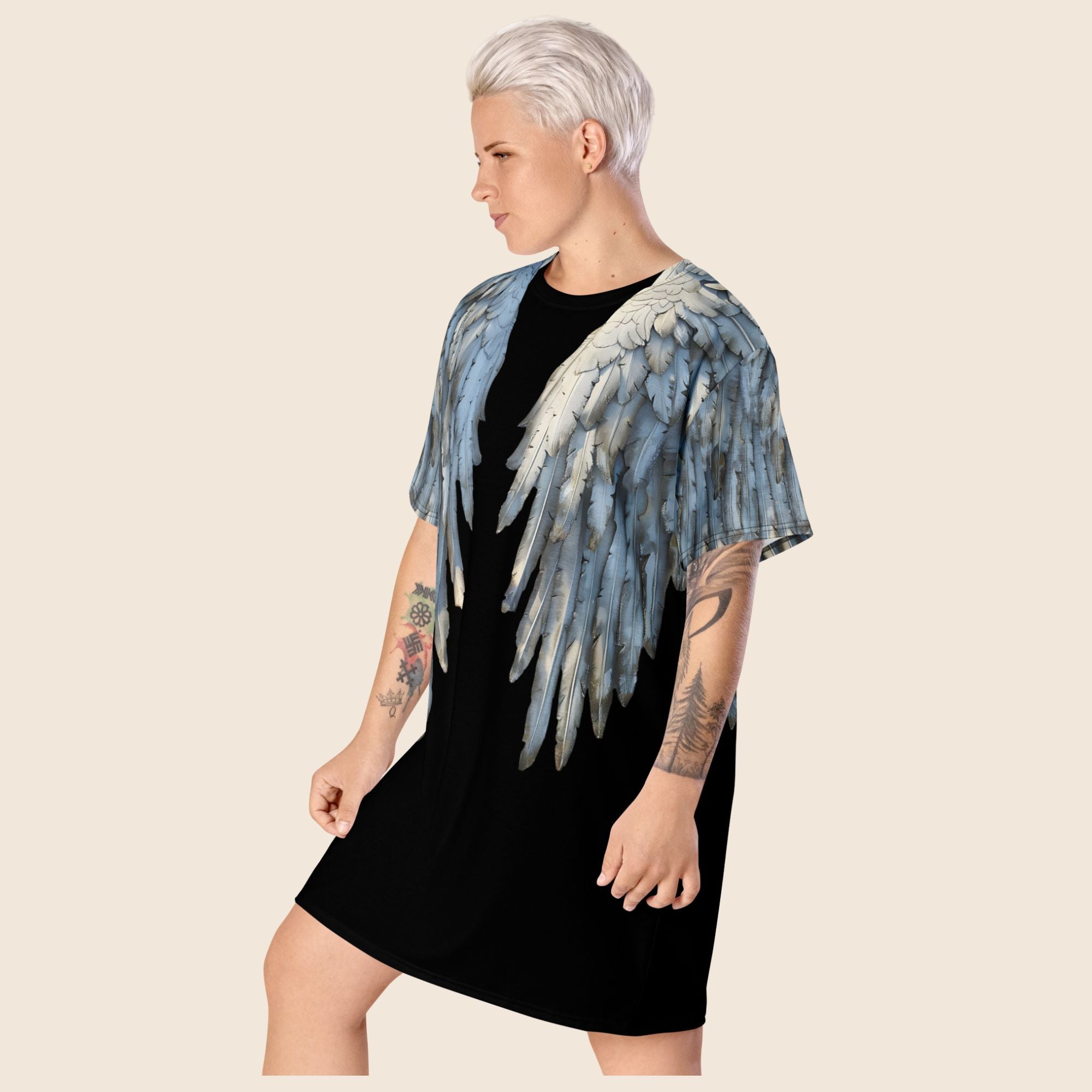 Black Angel Wings Oversized T-Shirt Dress — All-Over Print Festival Dress
