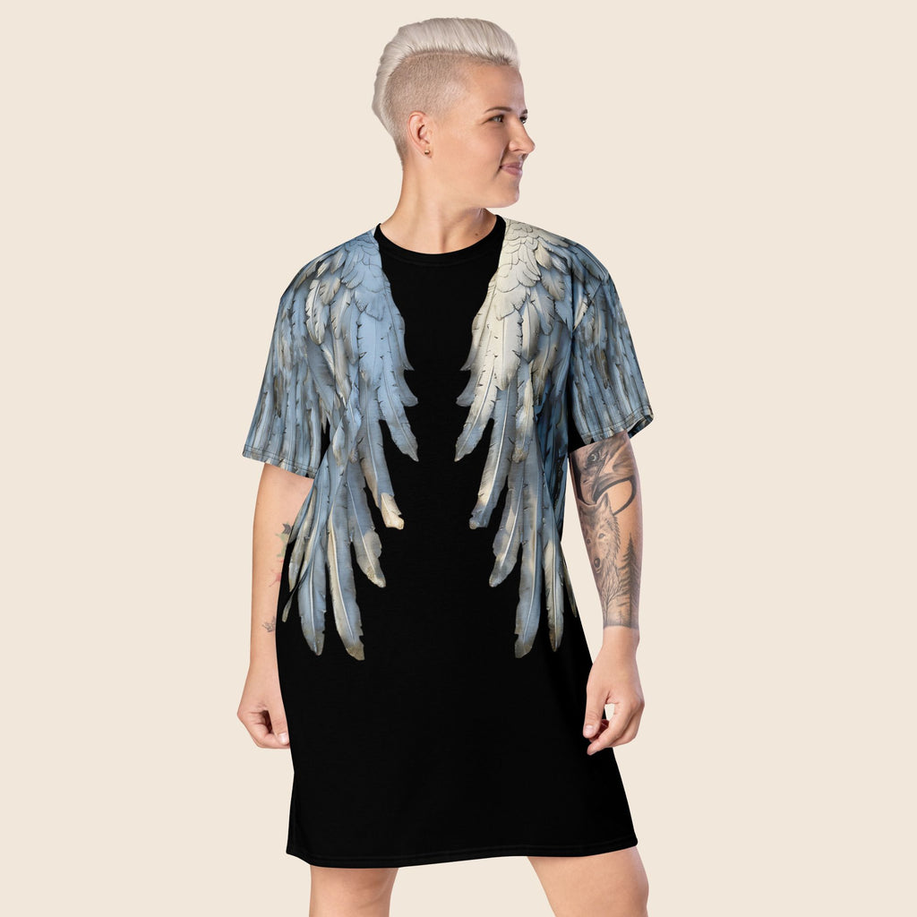 Black Angel Wings Oversized T-Shirt Dress — All-Over Print Festival Dress