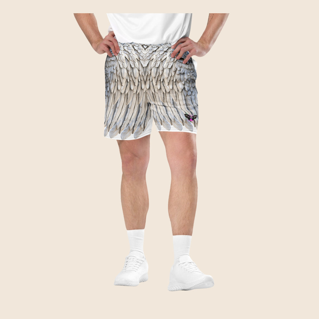 Grey Feather Print All-Over Print Unisex Mesh Shorts — Eco-Friendly Festival & Activewear