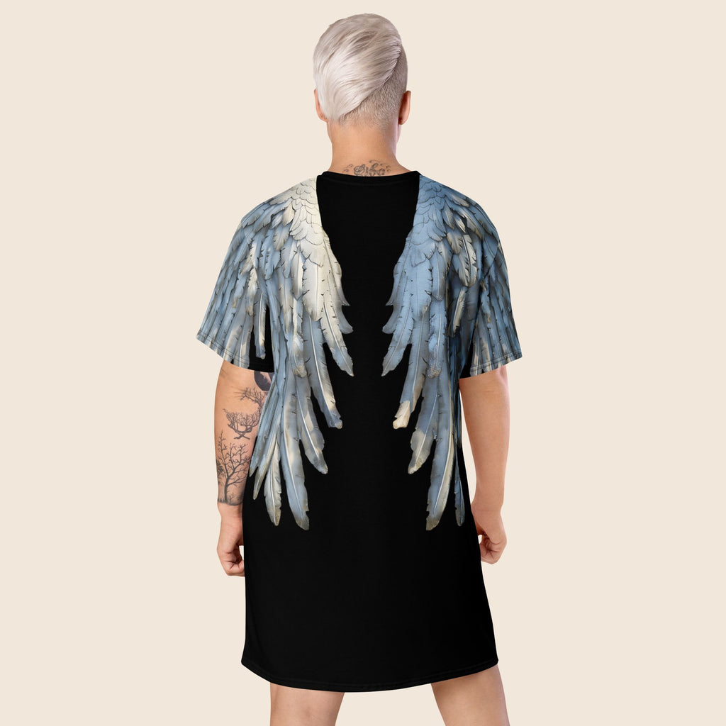 Black Angel Wings Oversized T-Shirt Dress — All-Over Print Festival Dress