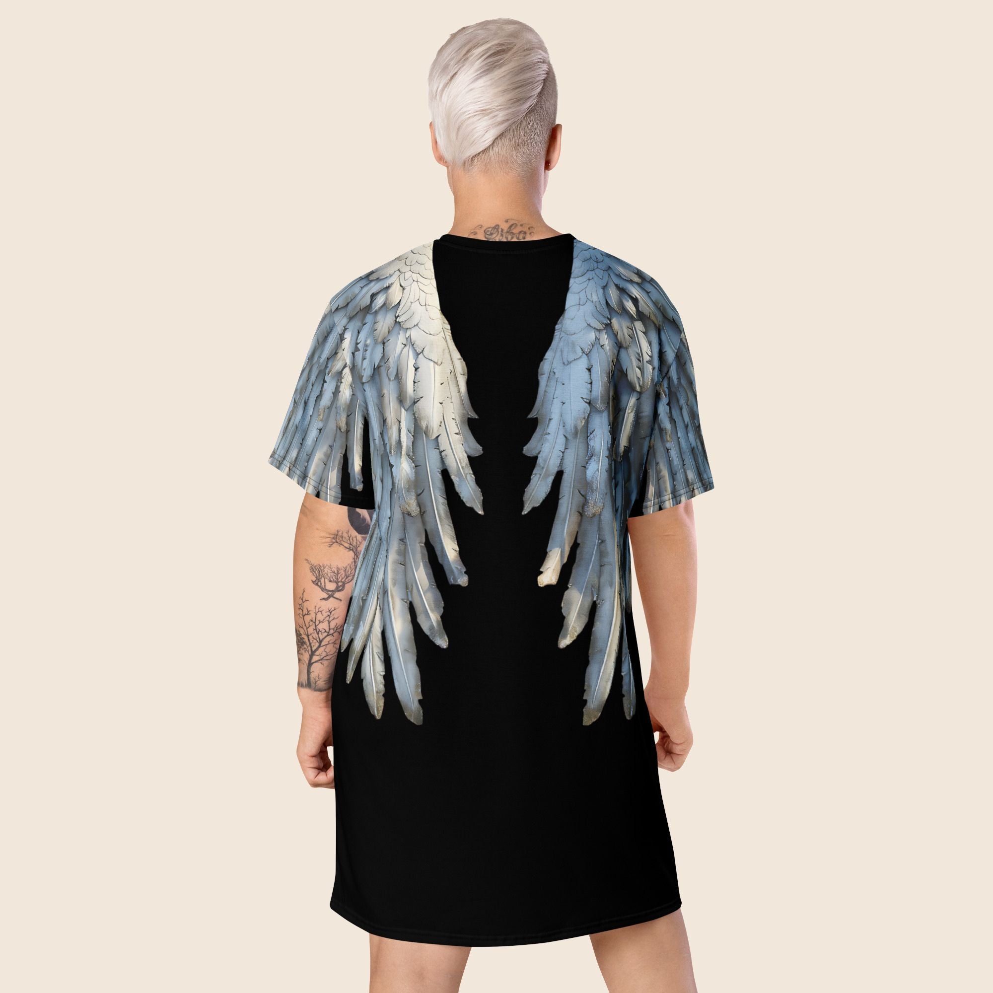 Black Angel Wings Oversized T-Shirt Dress — All-Over Print Festival Dress