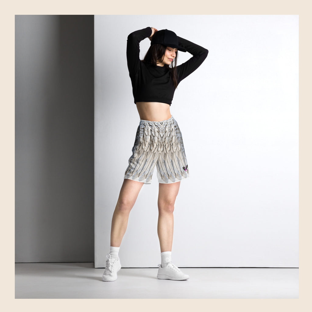 Grey Feather Print All-Over Print Unisex Mesh Shorts — Eco-Friendly Festival & Activewear