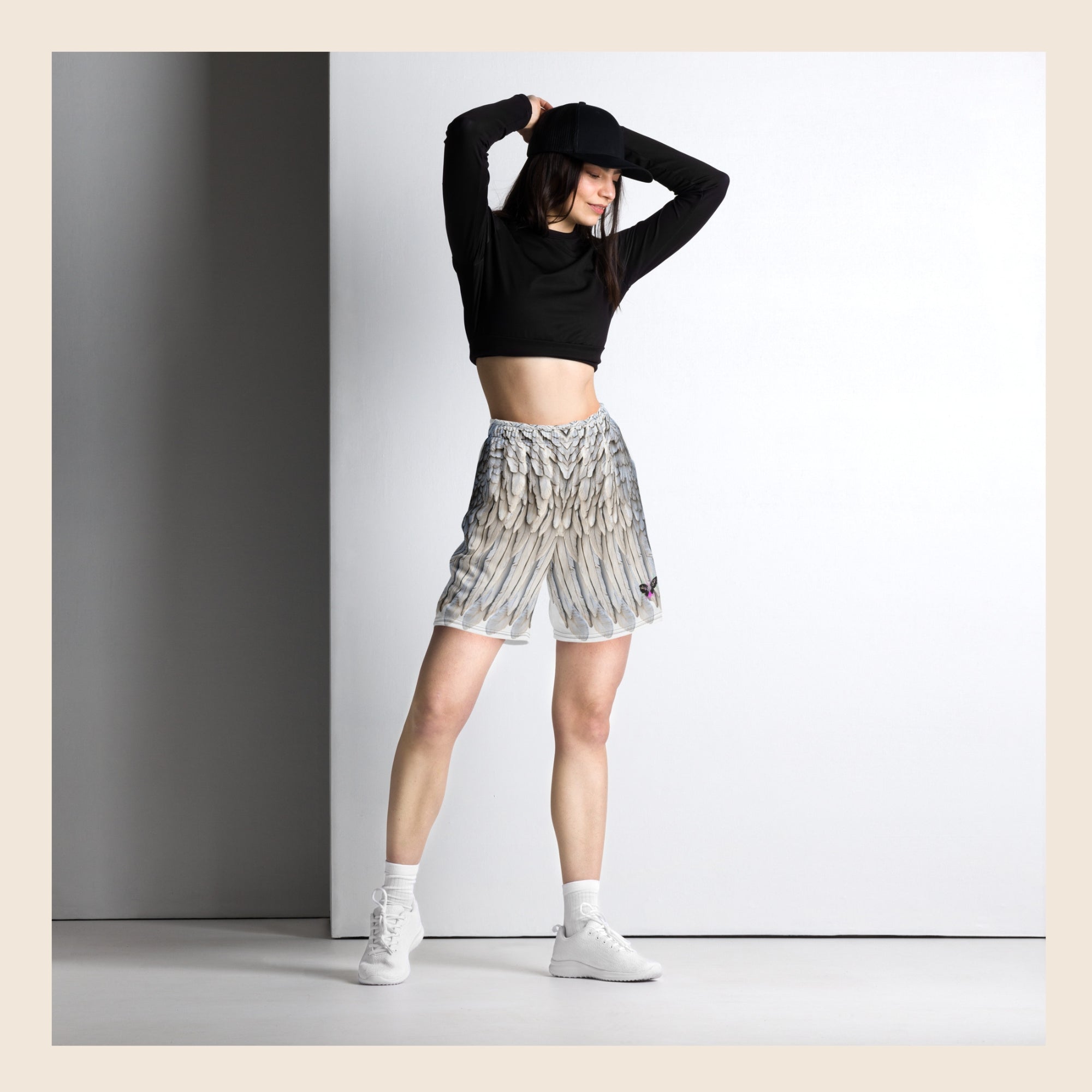 Grey Feather Print All-Over Print Unisex Mesh Shorts — Eco-Friendly Festival & Activewear