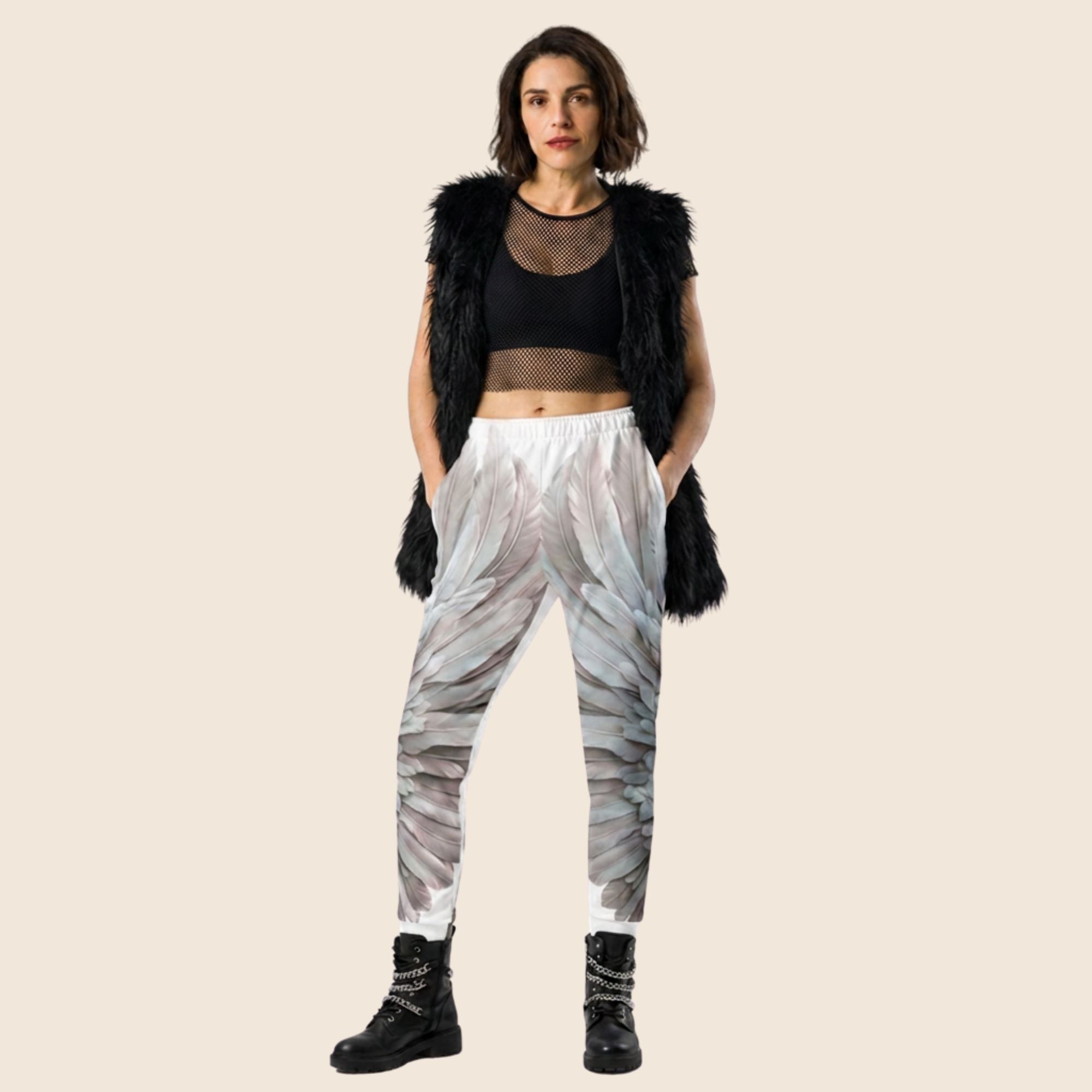 Grey & White Wings Print Women's Recycled Joggers — Festival Clothing