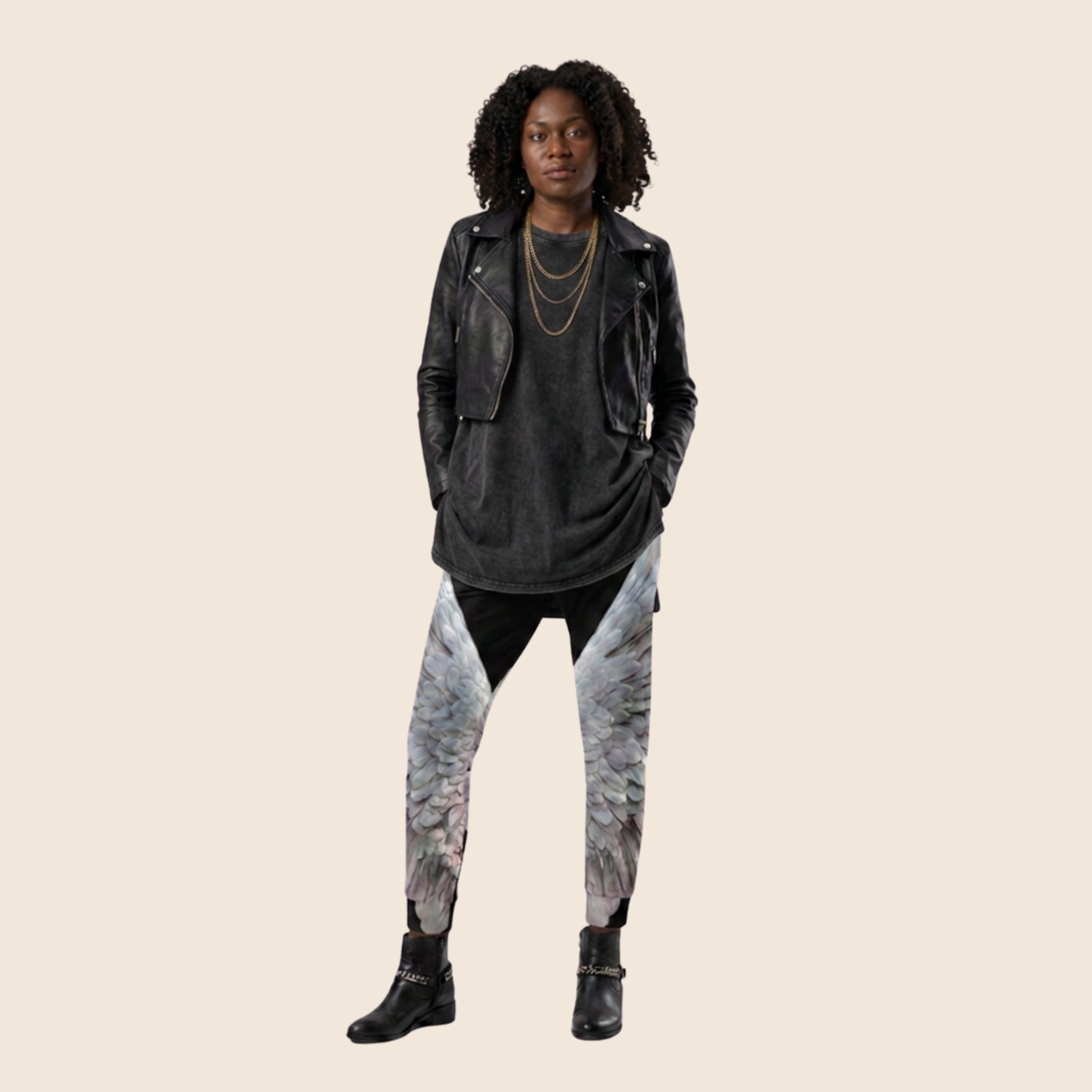 Wings Print Women's Recycled Joggers— All-Over Print Festival Pants - Black and Grey