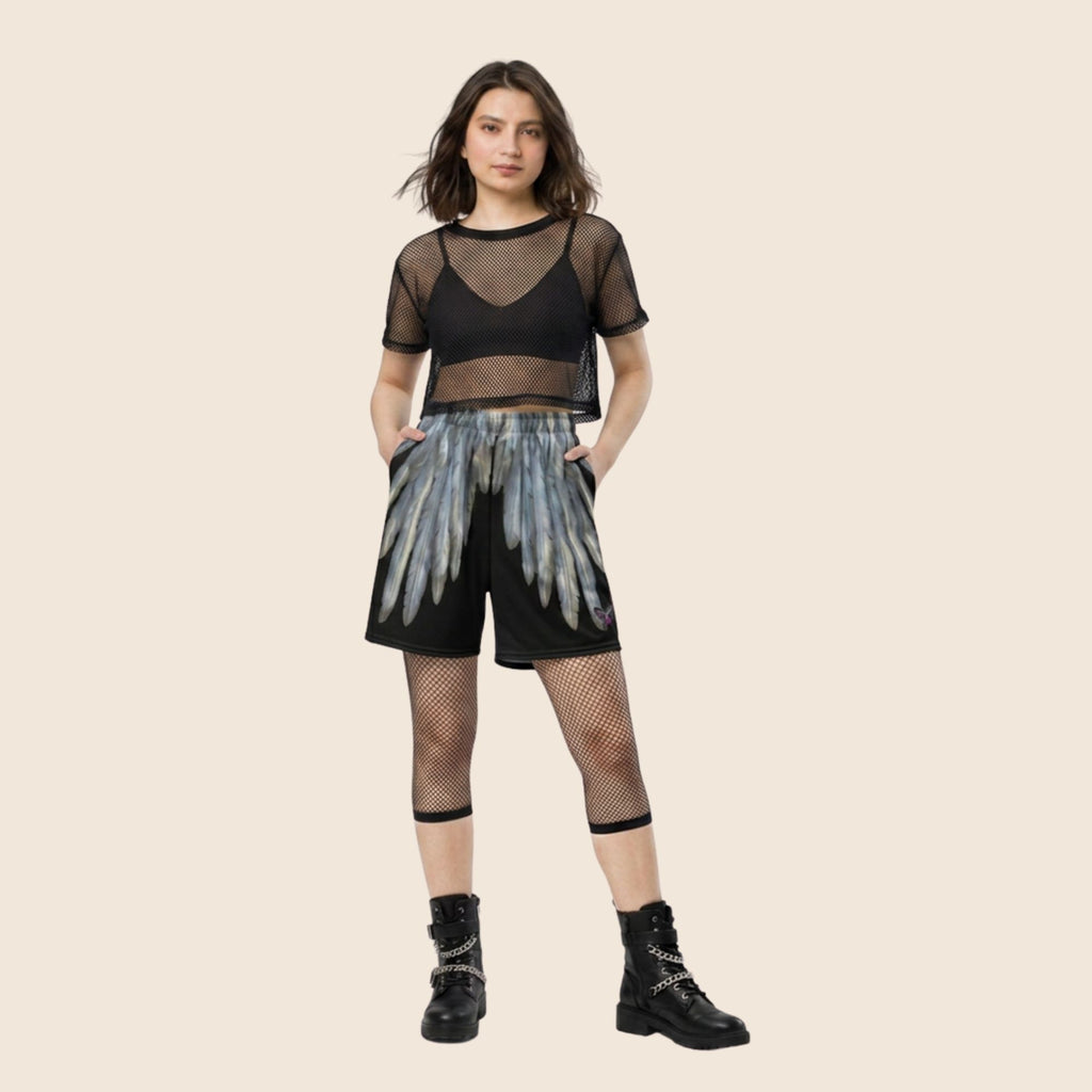 Black Wing Print All-Over Print Unisex Mesh Shorts — Eco-Friendly Festival & Activewear