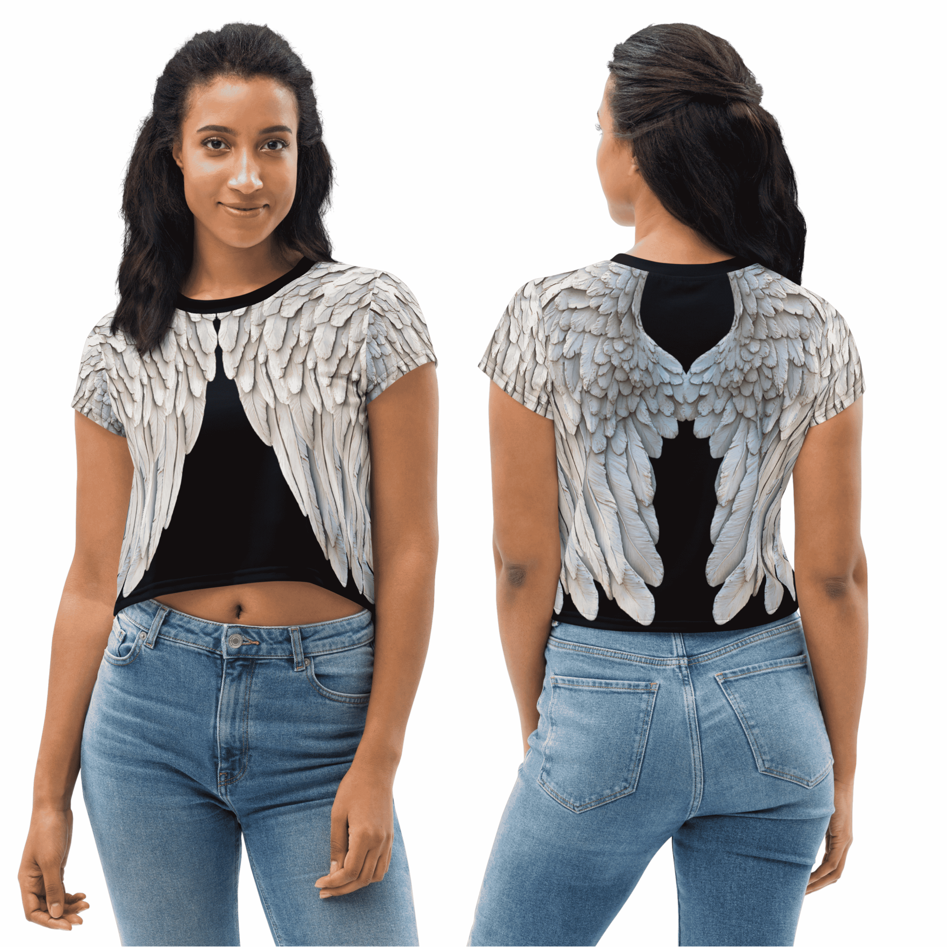 Black All-Over Wings Print Crop Tee