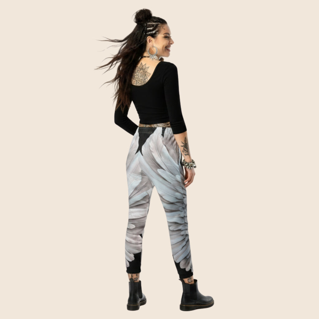 Wings Print Women's Recycled Joggers— All-Over Print Festival Pants - Black and Grey