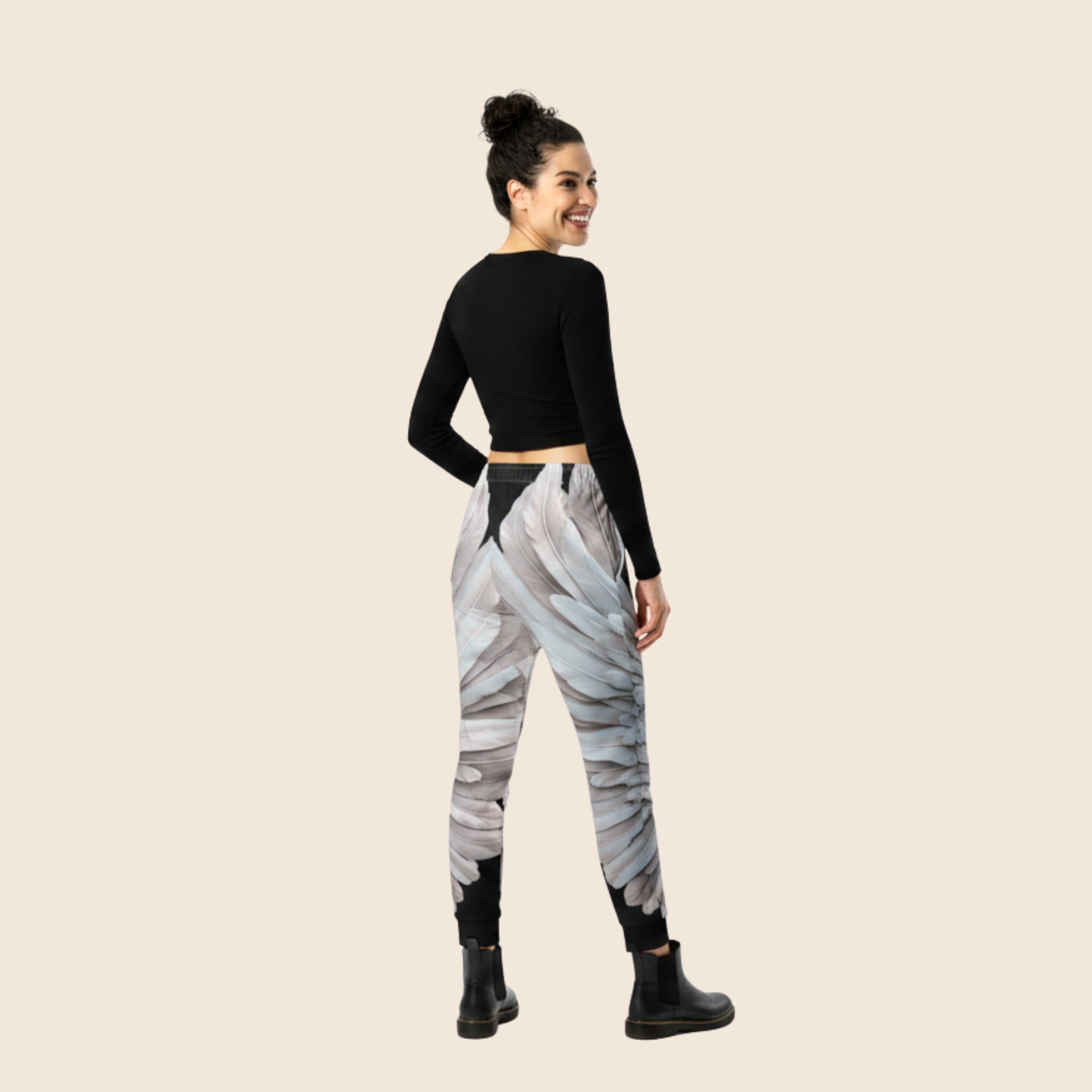 Wings Print Women's Recycled Joggers— All-Over Print Festival Pants - Black and Grey