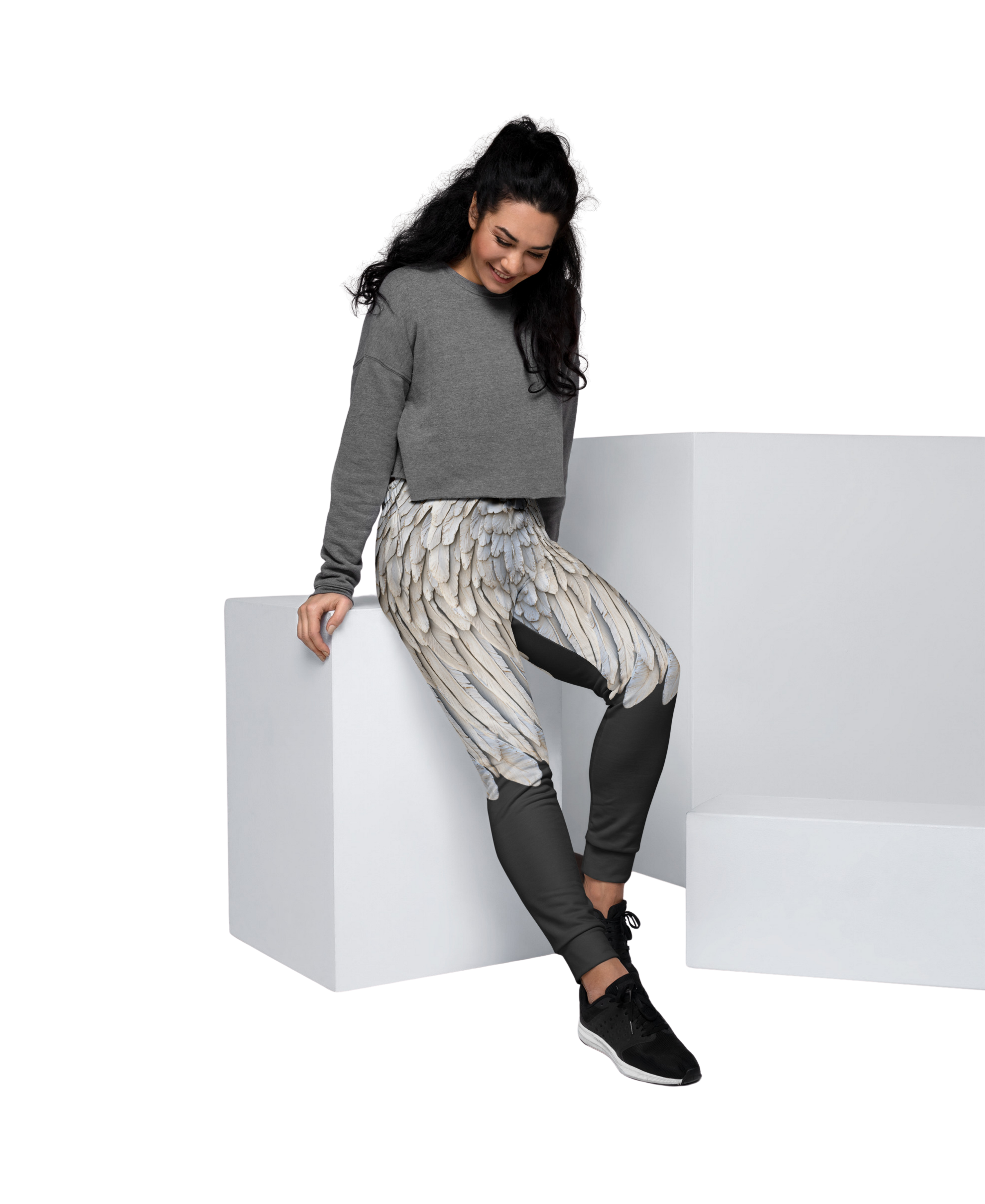 Half Leg Grey Wings Print Women's Recycled Joggers — Festival Wear