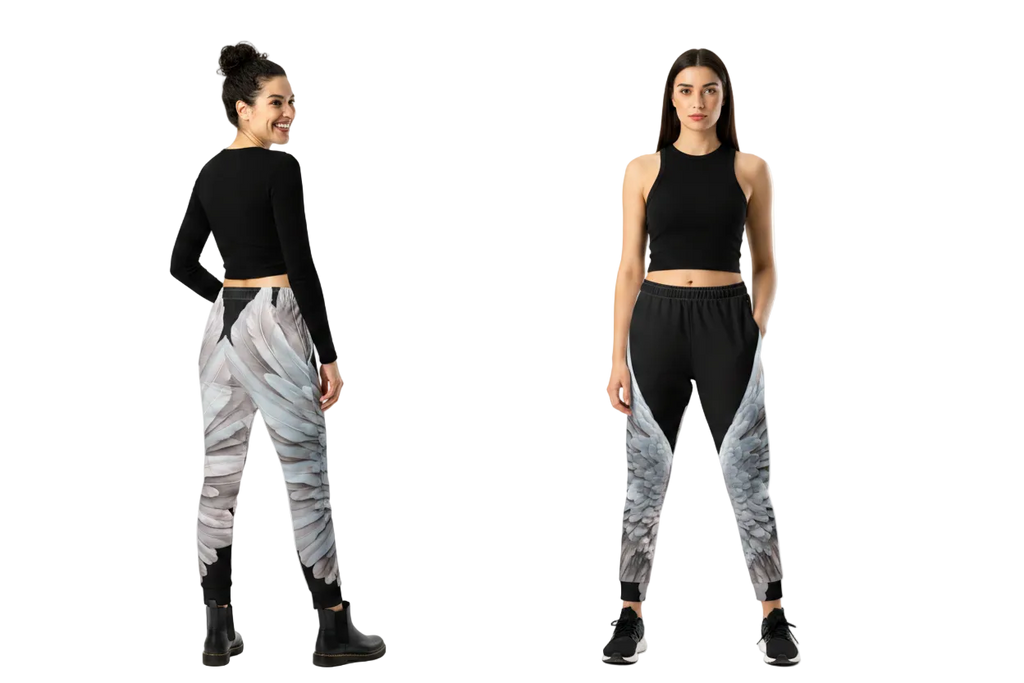 Wings Print Women's Recycled Joggers— All-Over Print Festival Pants - Black and Grey