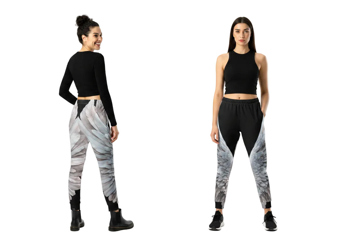 Wings Print Women's Recycled Joggers— All-Over Print Festival Pants - Black and Grey