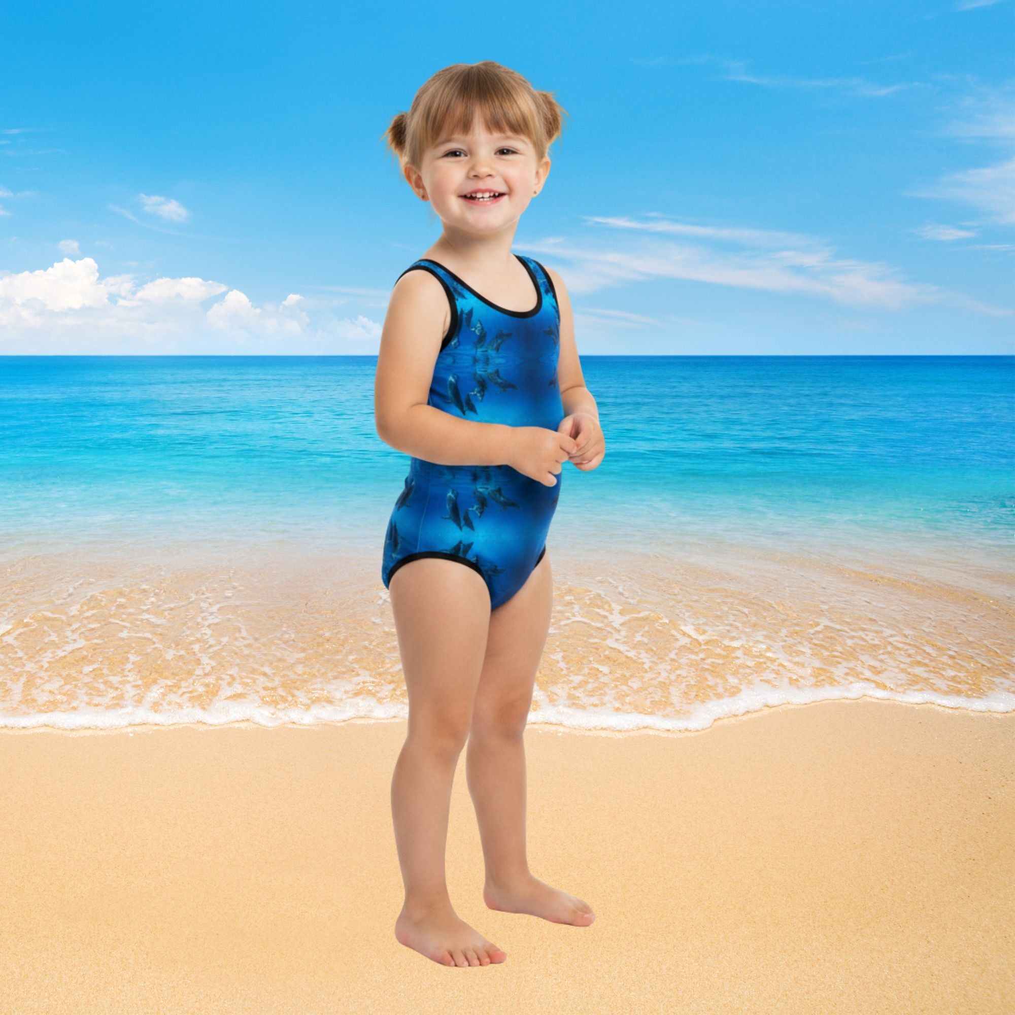 Lil' Dolphins Print Kids Swimsuit | Blue One-Piece