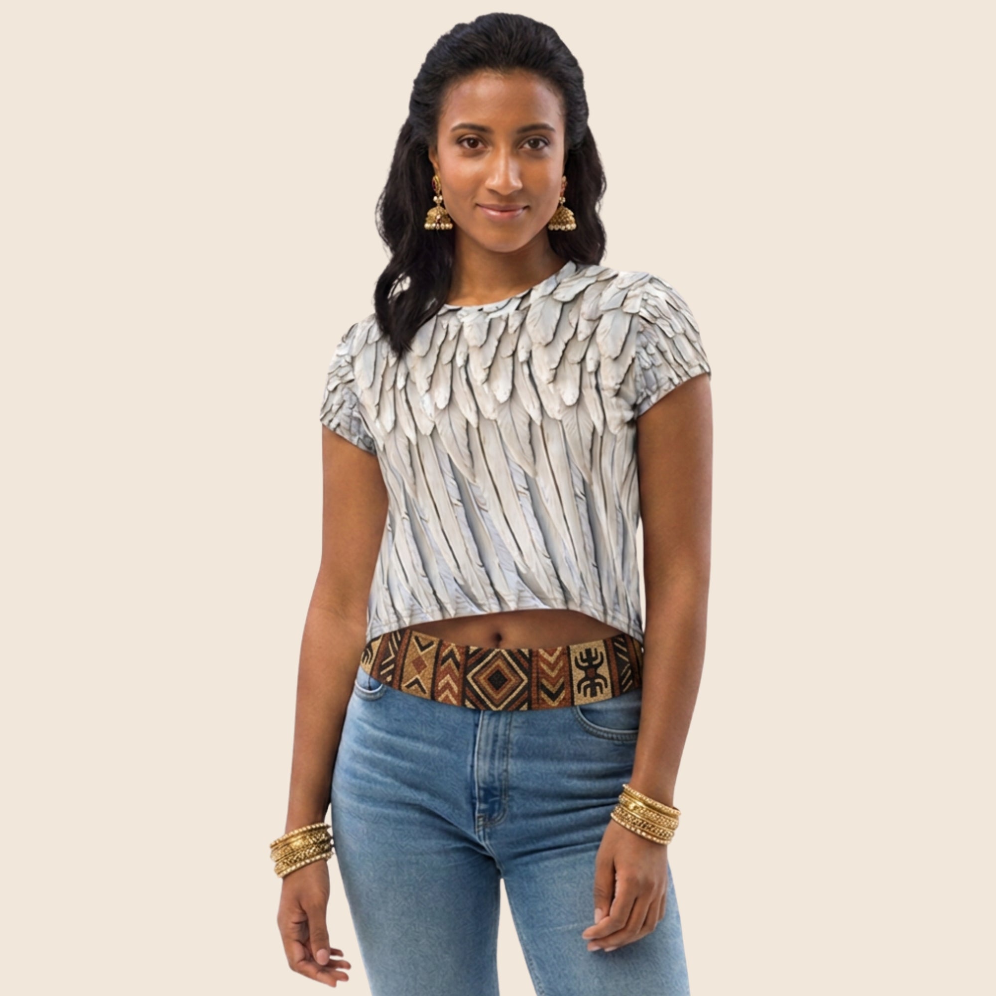 Grey All-Over Wings Print Crop Tee