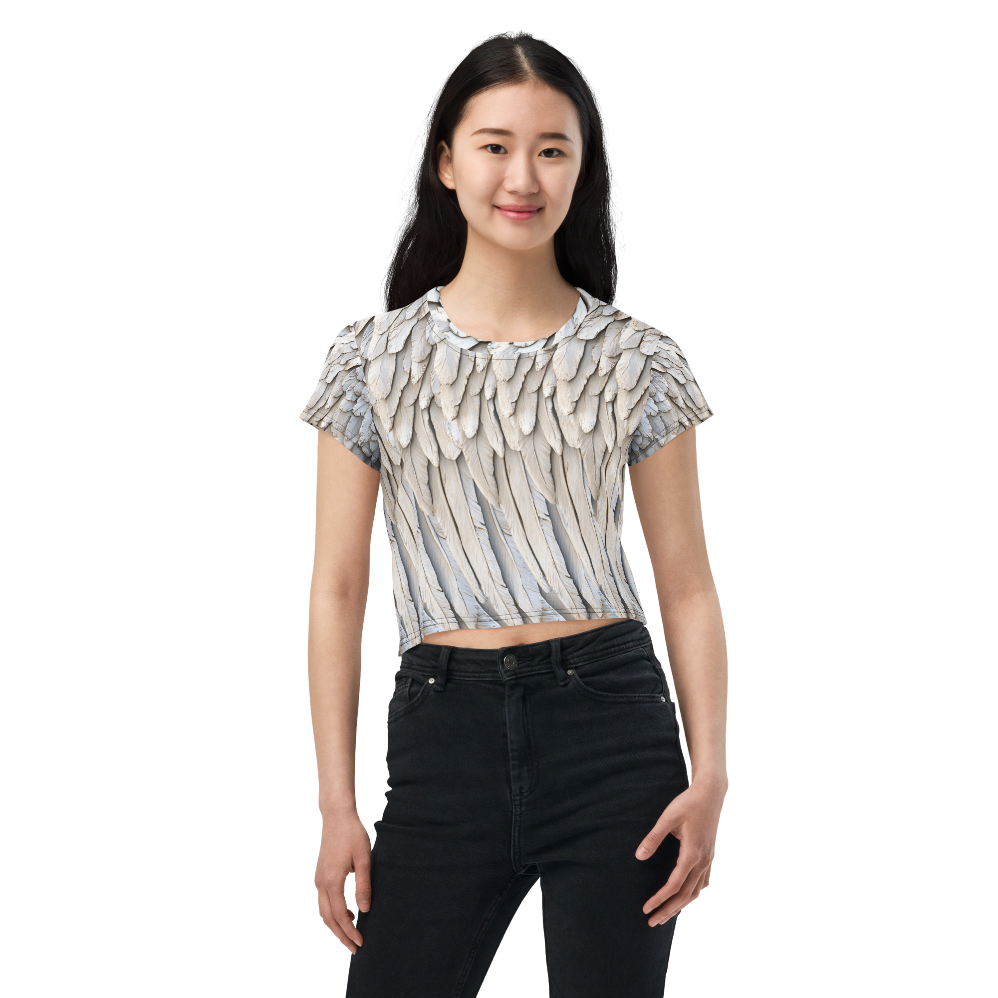 Grey All-Over Wings Print Crop Tee