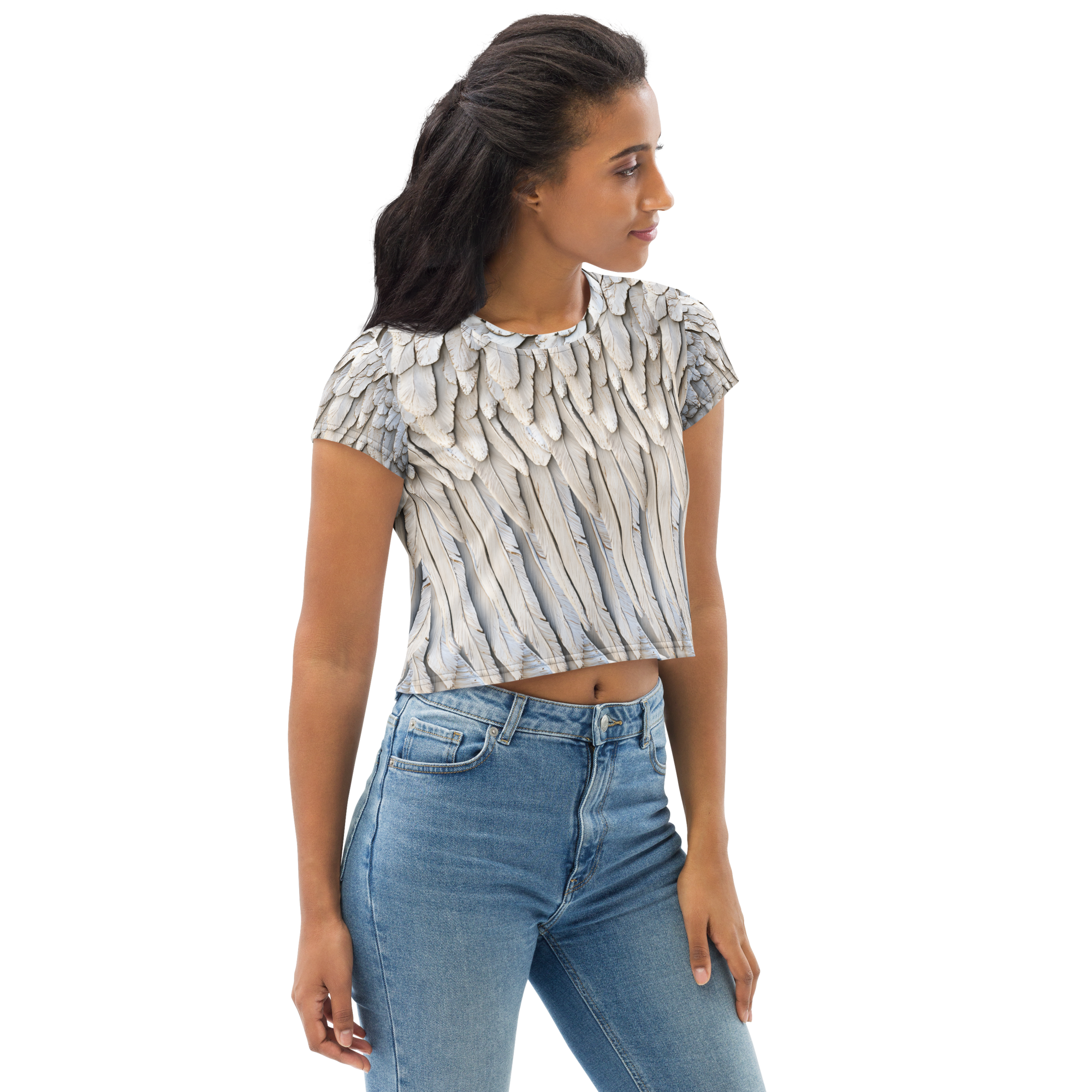 Grey All-Over Wings Print Crop Tee