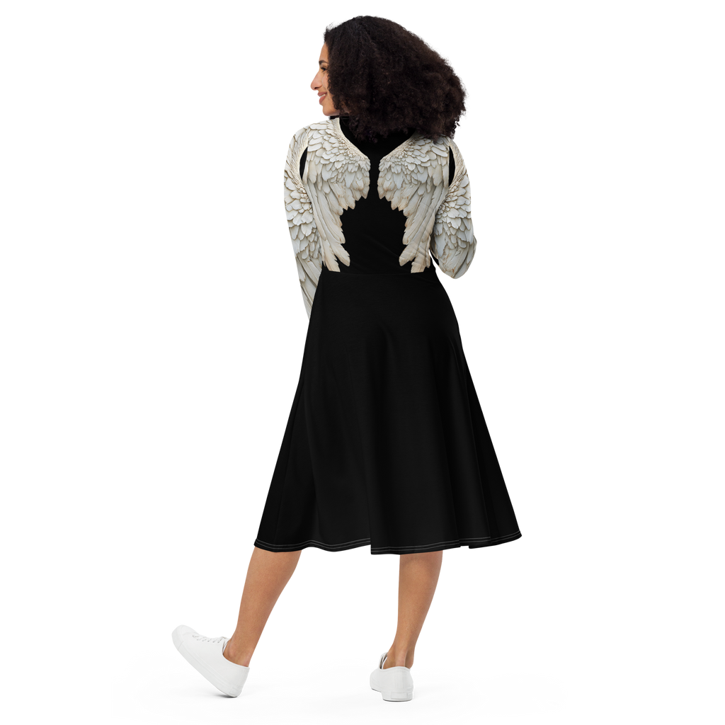 Black Angel Wings Midi Dress — Long Sleeve All-Over Print Festival Dress