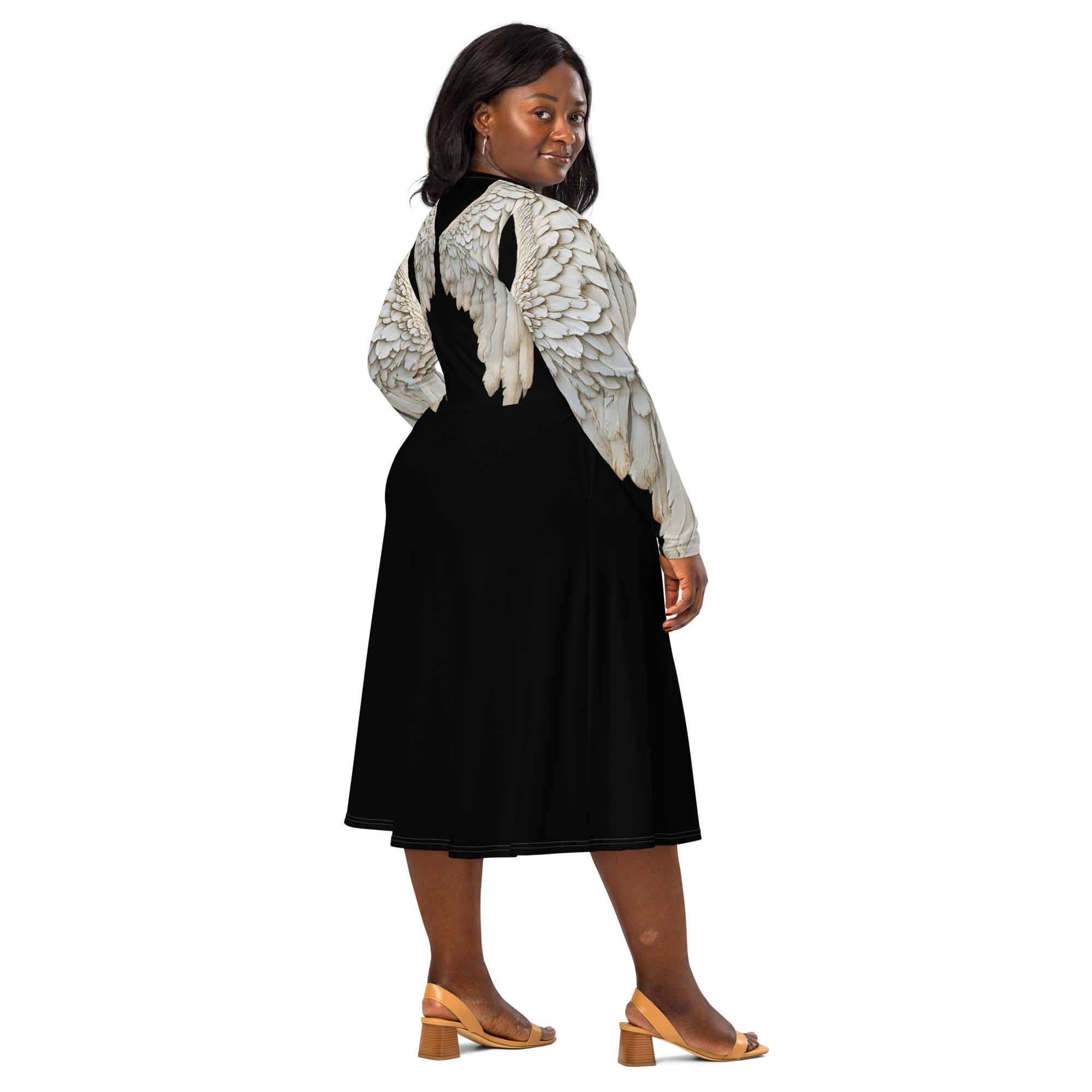 Black Angel Wings Midi Dress — Long Sleeve All-Over Print Festival Dress