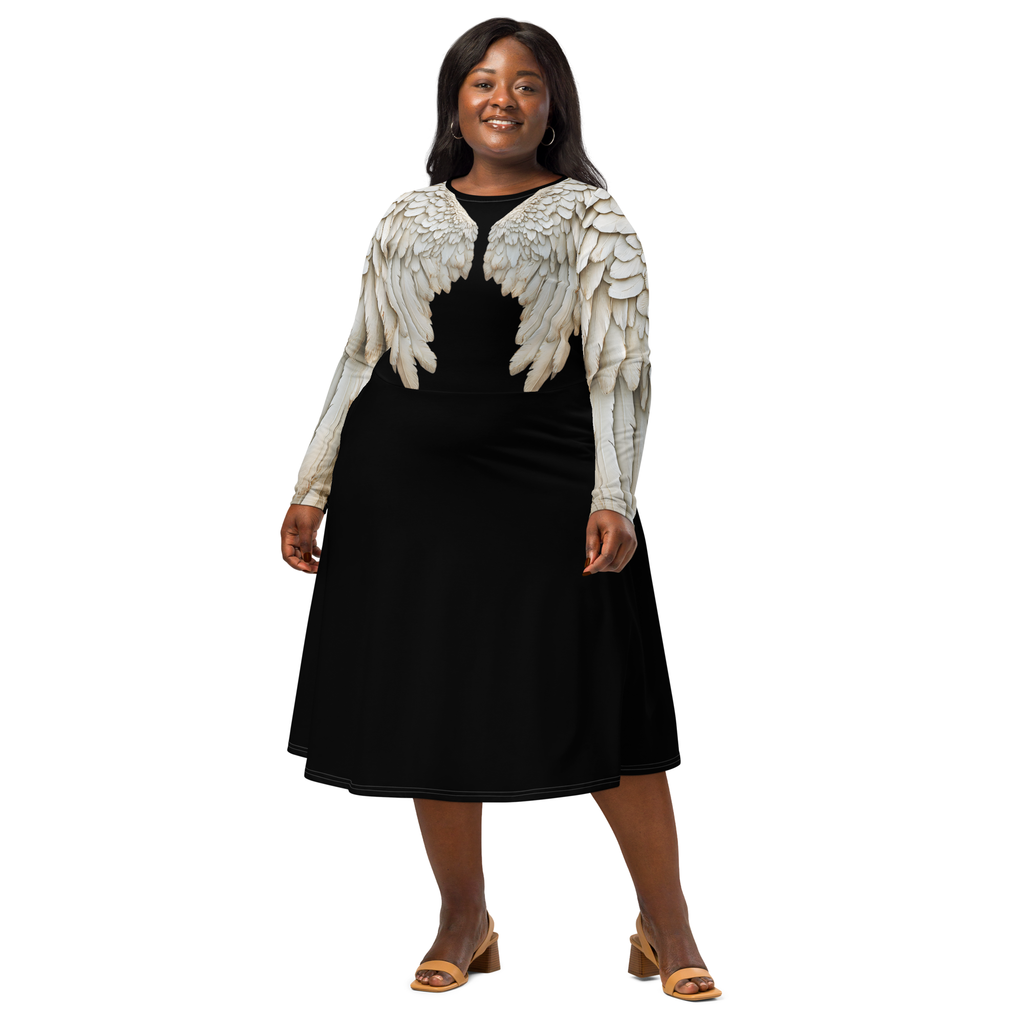 Black Angel Wings Midi Dress — Long Sleeve All-Over Print Festival Dress