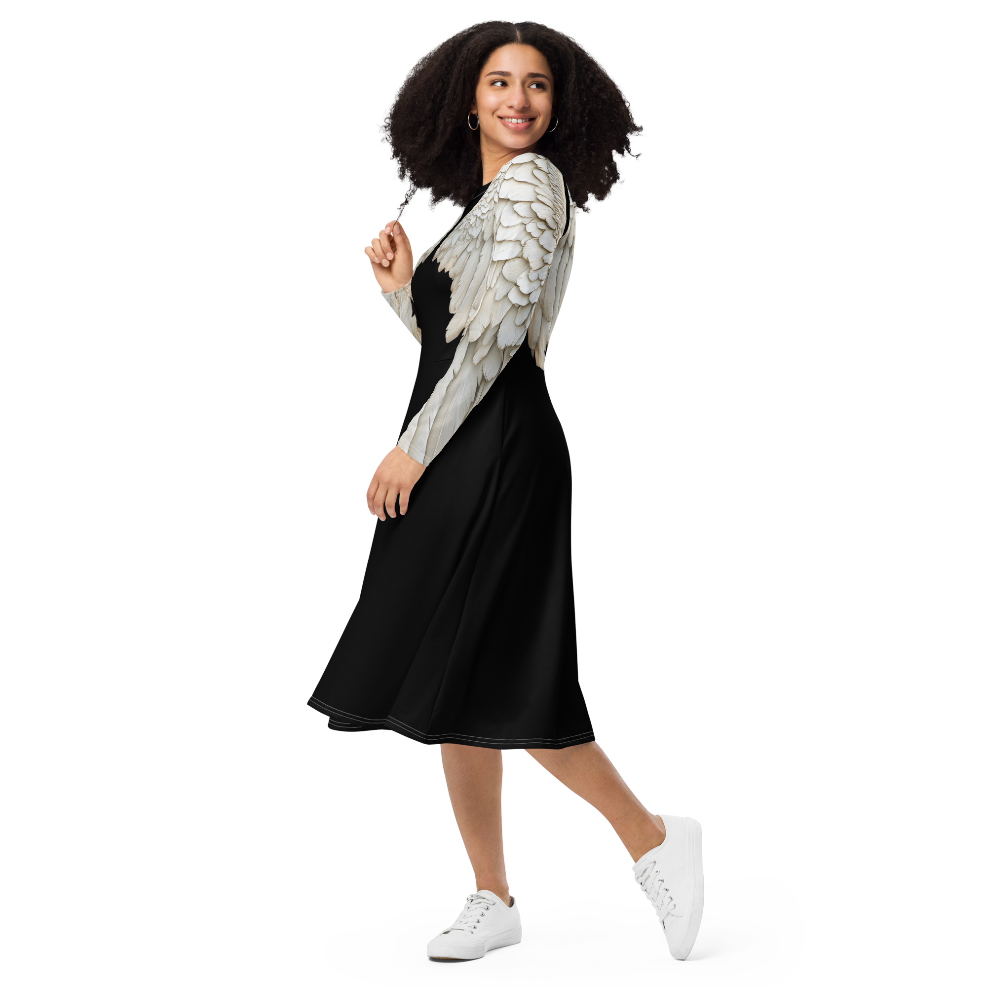 Black Angel Wings Midi Dress — Long Sleeve All-Over Print Festival Dress