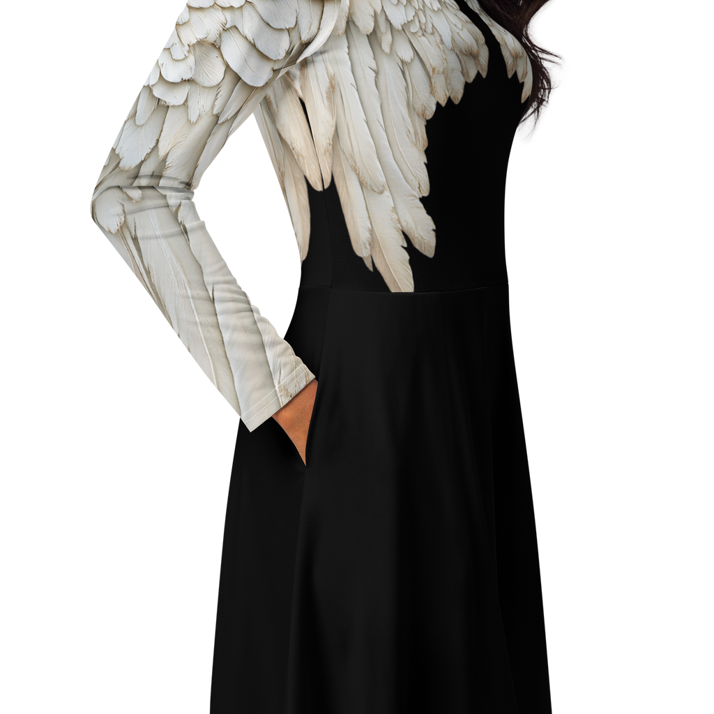 Black Angel Wings Midi Dress — Long Sleeve All-Over Print Festival Dress