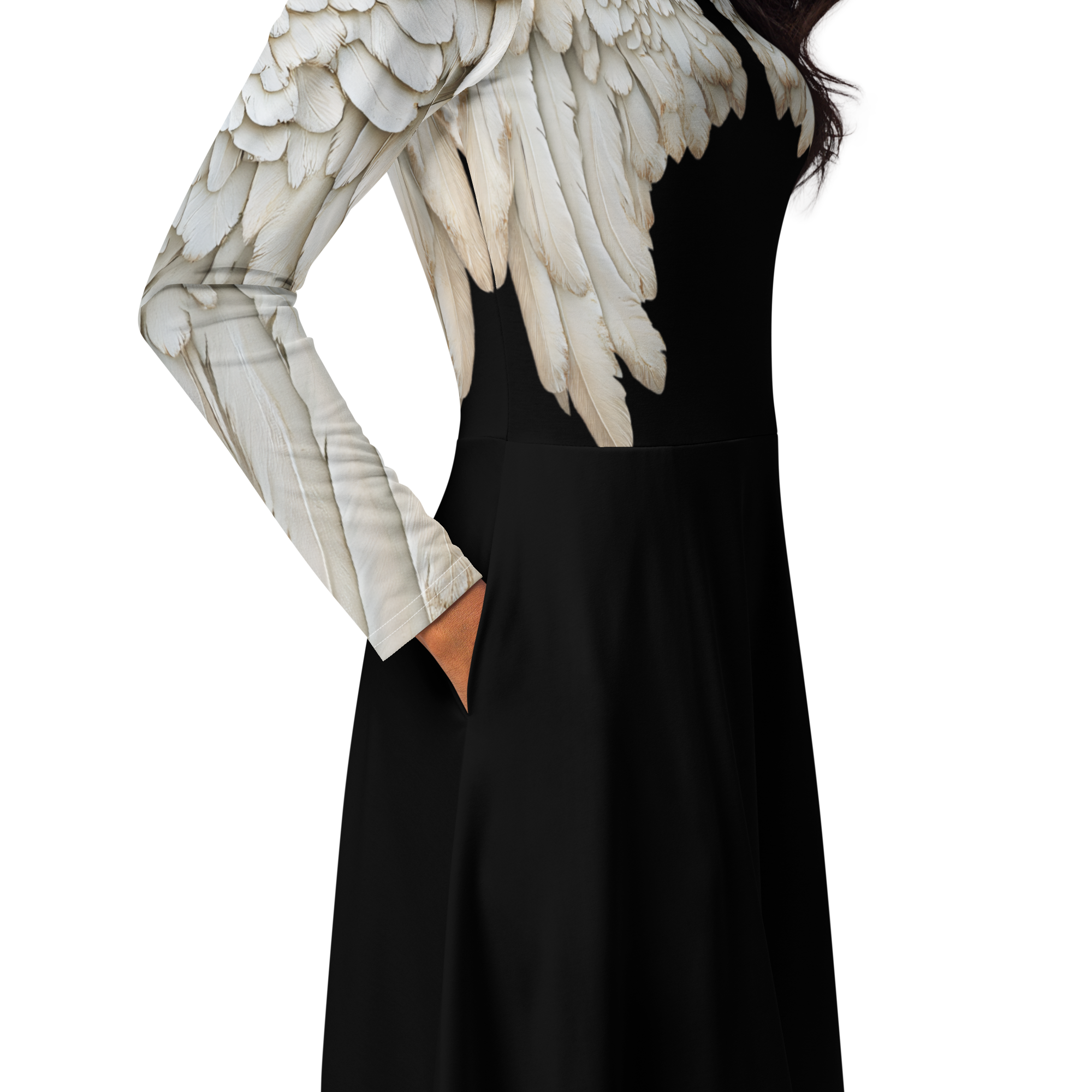 Black Angel Wings Midi Dress — Long Sleeve All-Over Print Festival Dress