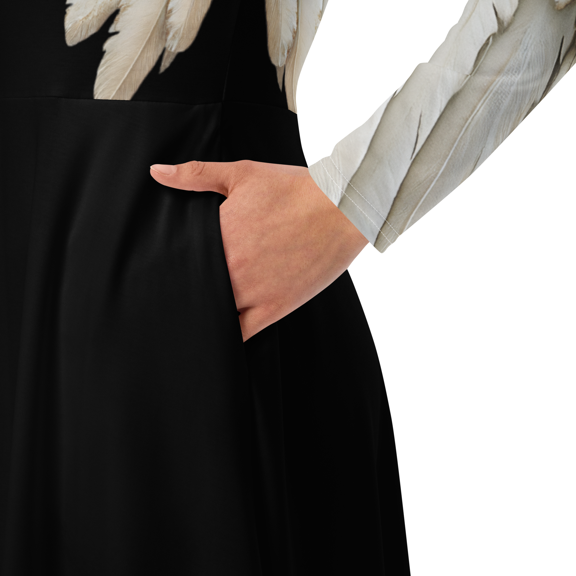 Black Angel Wings Midi Dress — Long Sleeve All-Over Print Festival Dress