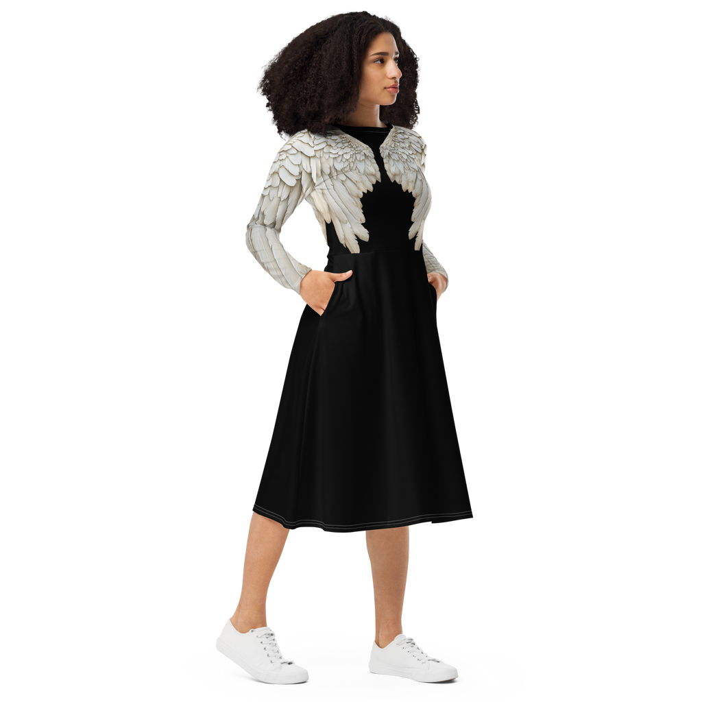 Black Angel Wings Midi Dress — Long Sleeve All-Over Print Festival Dress