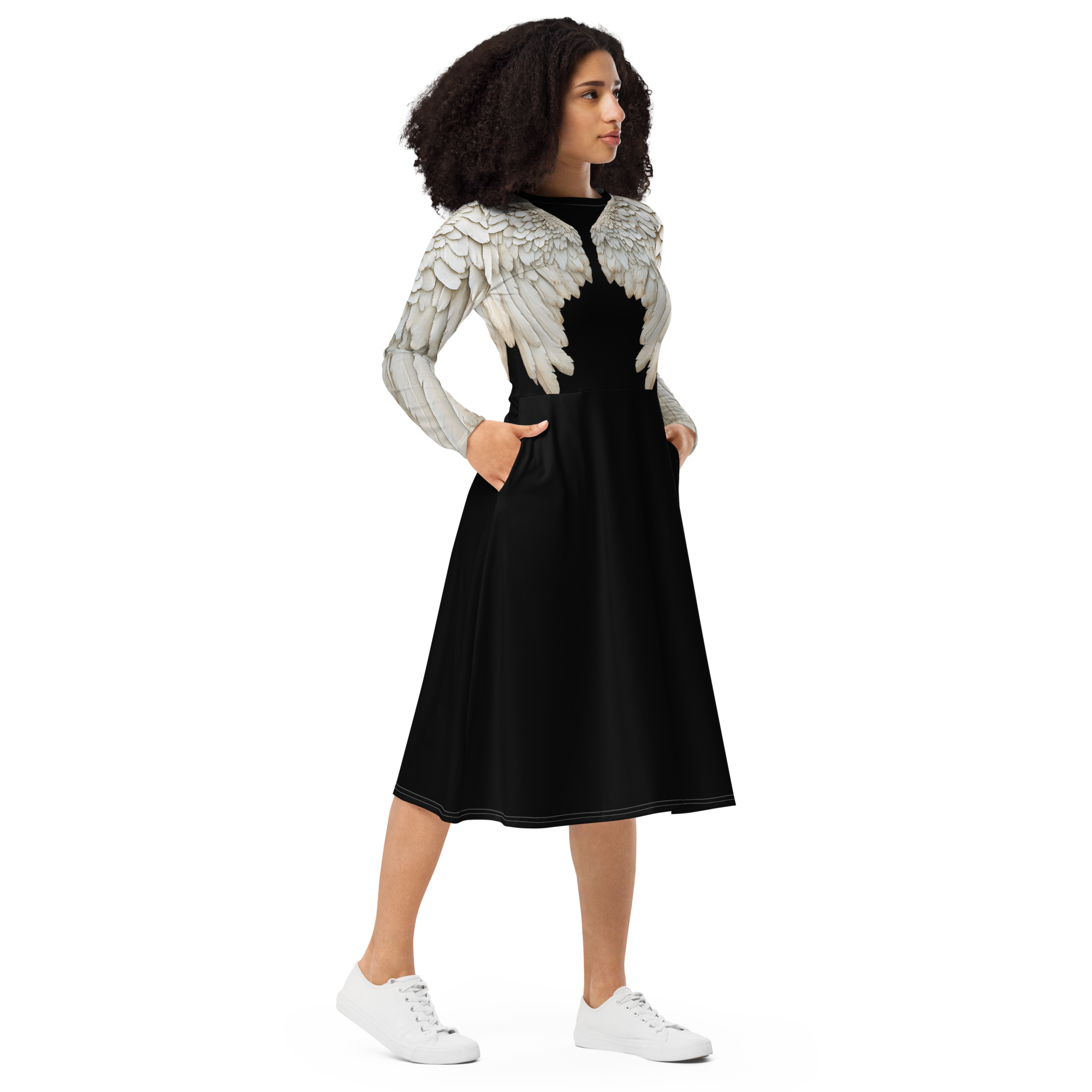 Black Angel Wings Midi Dress — Long Sleeve All-Over Print Festival Dress