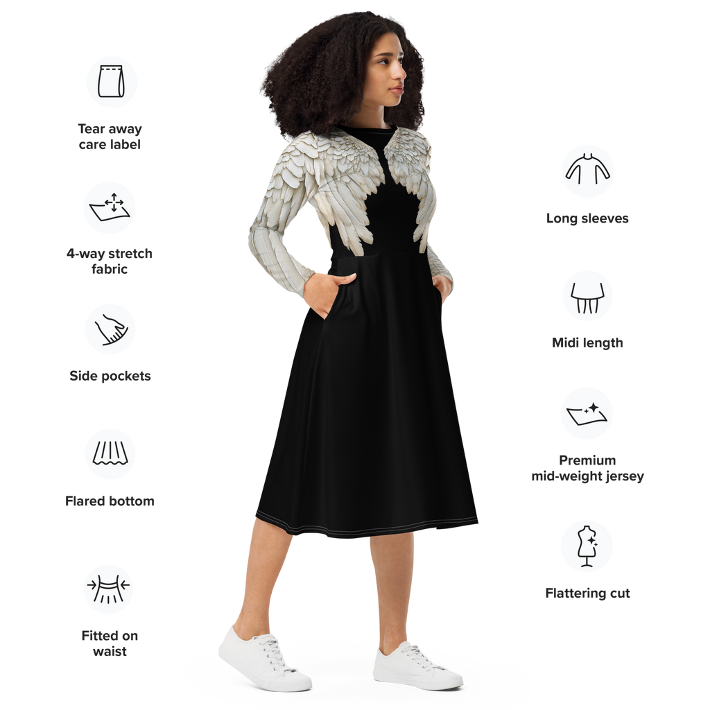 Black Angel Wings Midi Dress — Long Sleeve All-Over Print Festival Dress