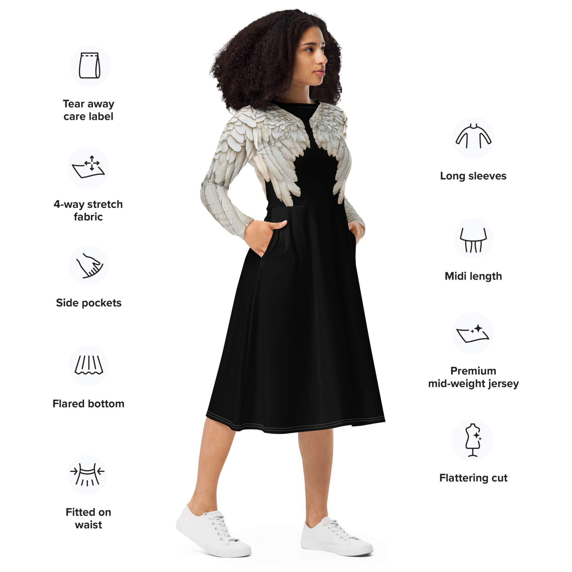Black Angel Wings Midi Dress — Long Sleeve All-Over Print Festival Dress