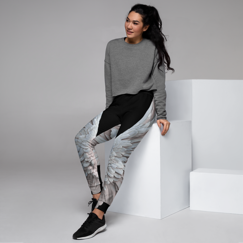 Wings Print Women's Recycled Joggers— All-Over Print Festival Pants - Black and Grey