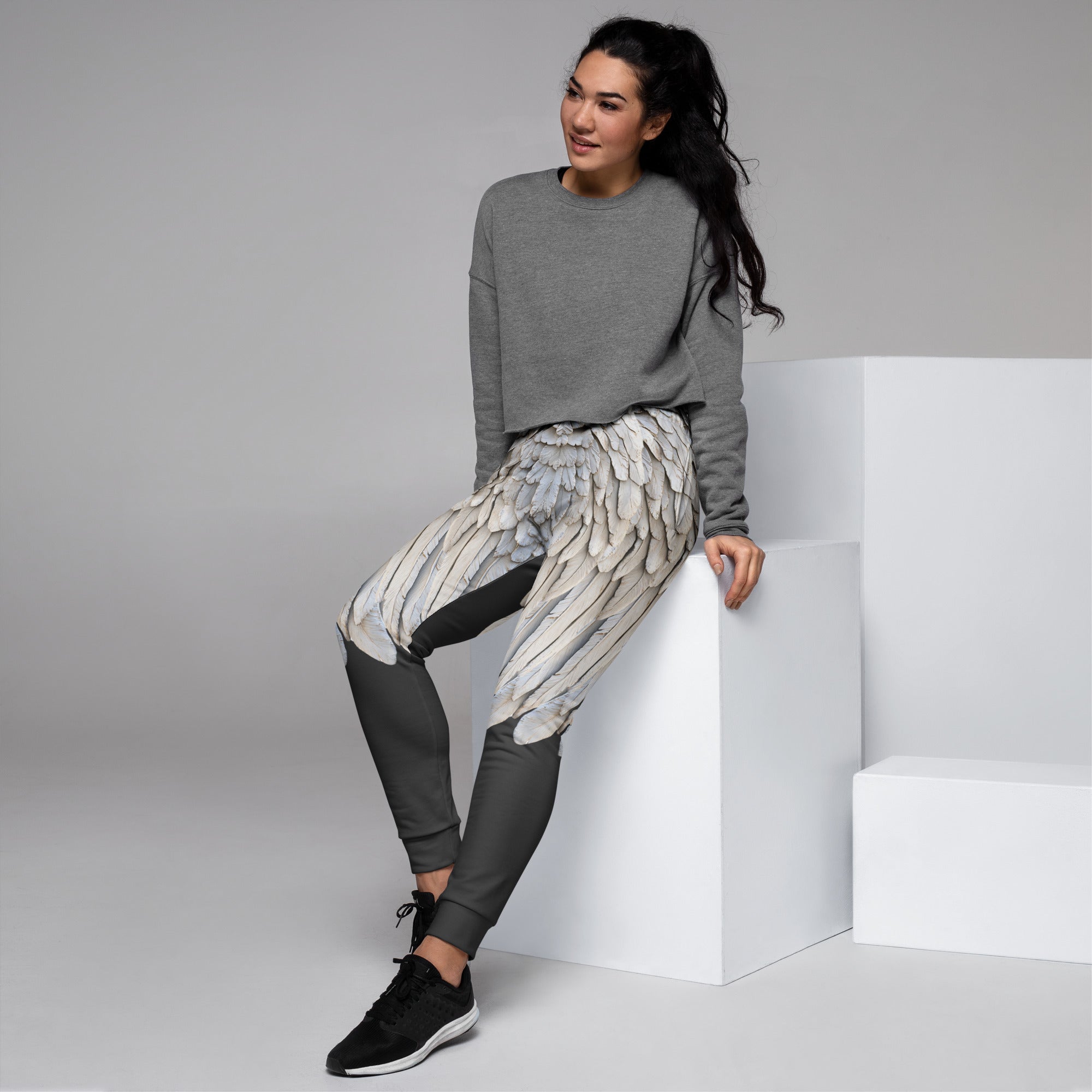 Half Leg Grey Wings Print Women's Recycled Joggers — Festival Wear