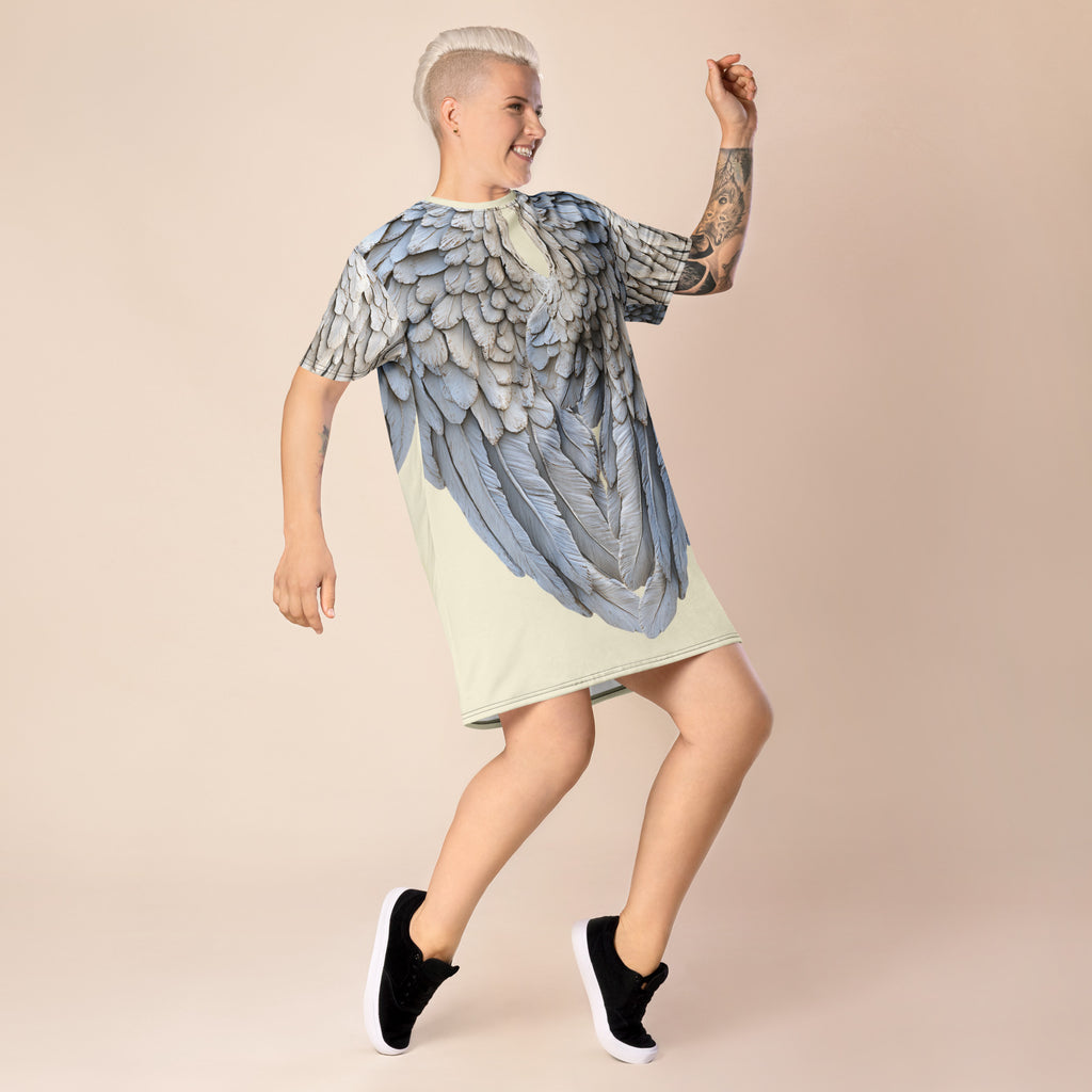 Wings Print Oversized T-Shirt Dress — Pale Yellow All-Over Print Festival Dress