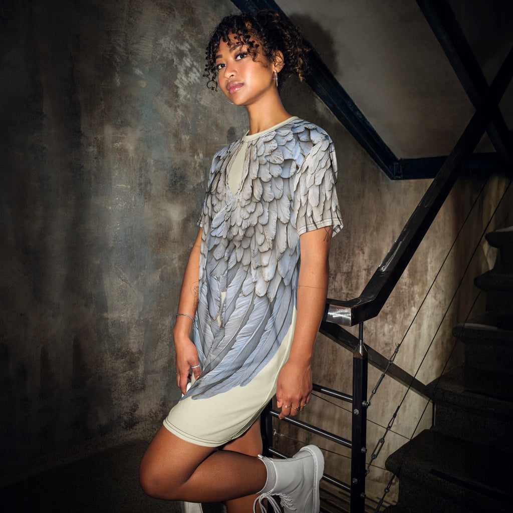 Wings Print Oversized T-Shirt Dress — Pale Yellow All-Over Print Festival Dress