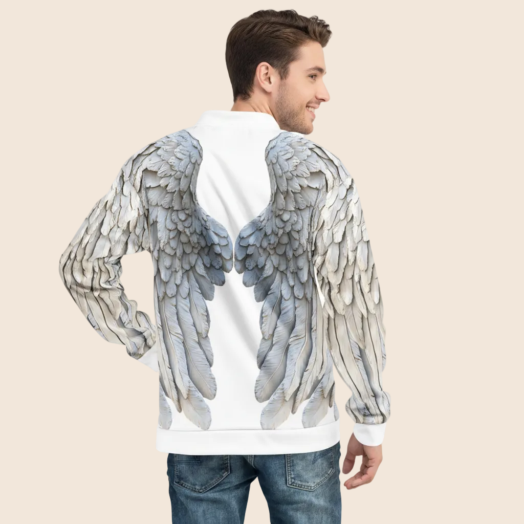 White Unisex Bomber Jacket with Grey Wings Print — All-Over Print Festival & Streetwear